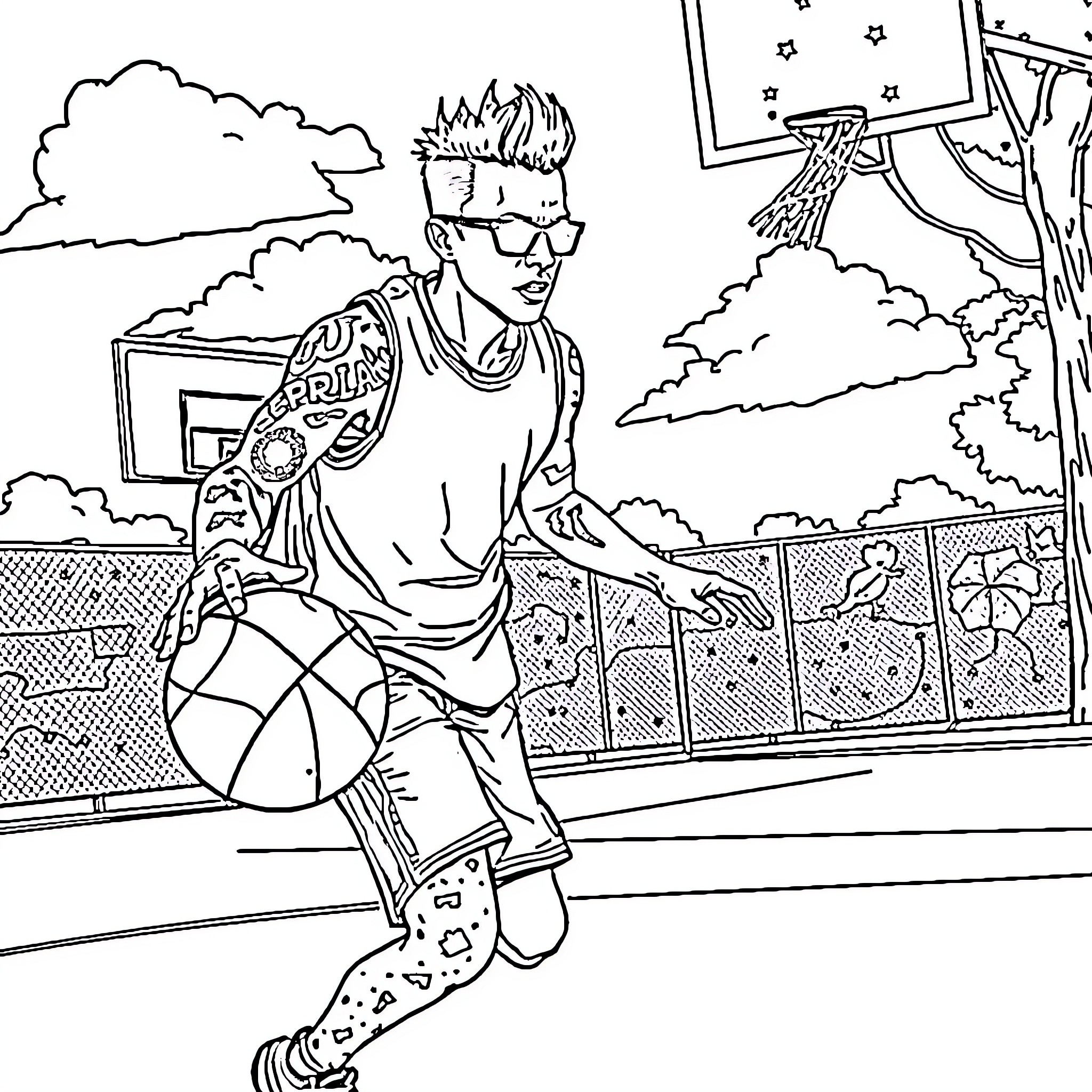 Chester Bennington playing basketball on outdoor court Coloring Page (free black-and-white line drawing printable PDF for all, from beginners to advanced learners, including children, teens, adults, and seniors)