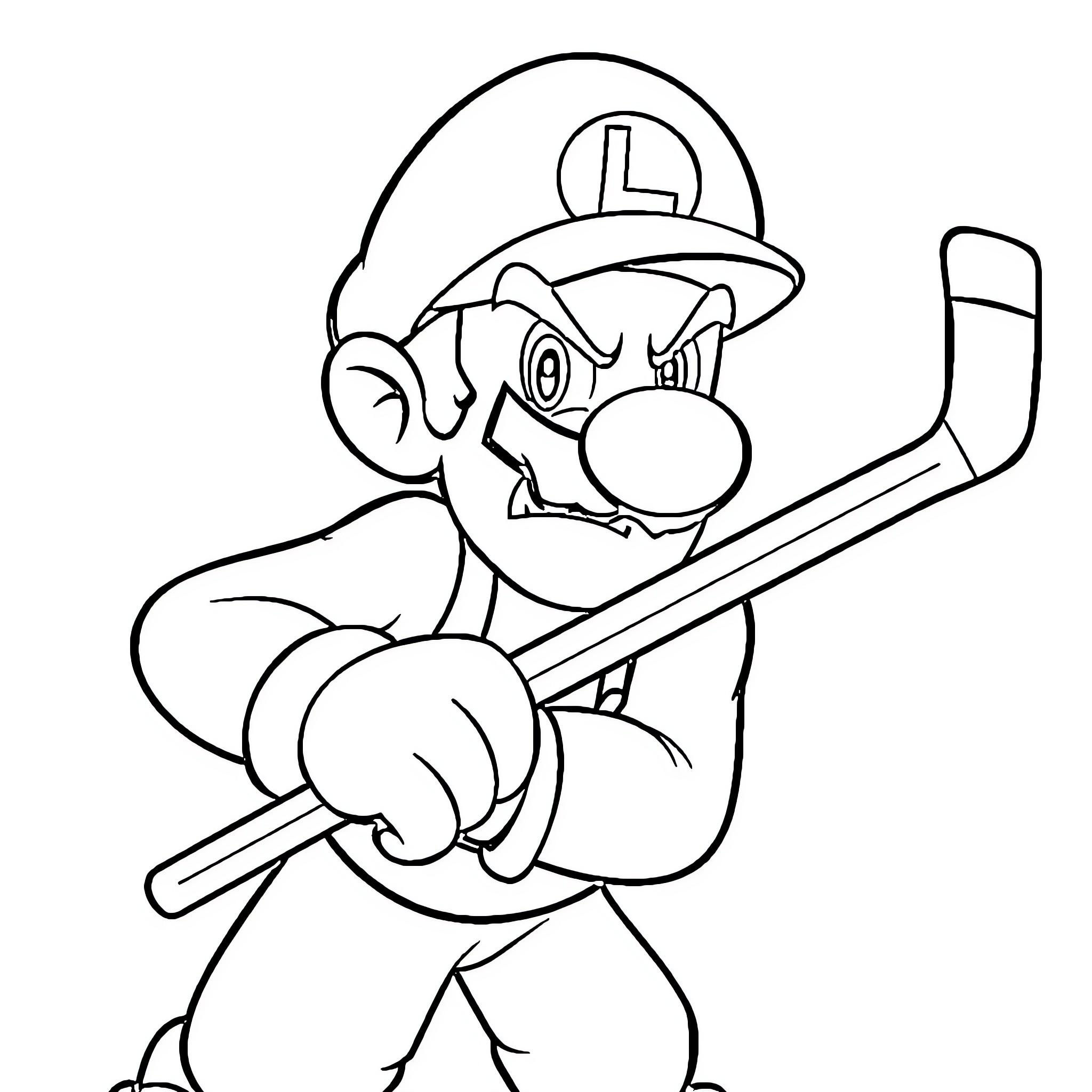 Luigi playing hockey with determination Coloring Page (free black-and-white line drawing printable PDF for all, from beginners to advanced learners, including children, teens, adults, and seniors)