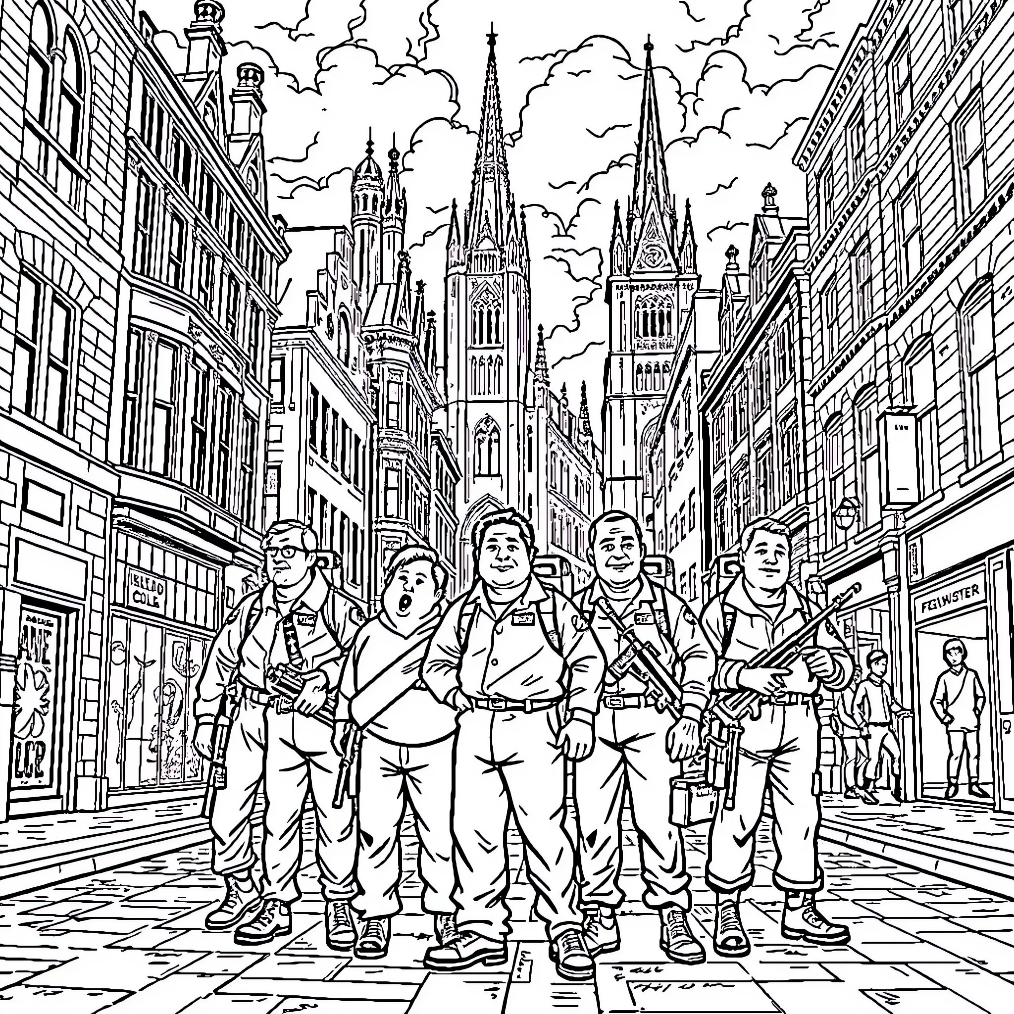 Ghostbusters on the Cobblestone Streets of the City Coloring Page (free black-and-white line drawing printable PDF for all, from beginners to advanced learners, including children, teens, adults, and seniors)