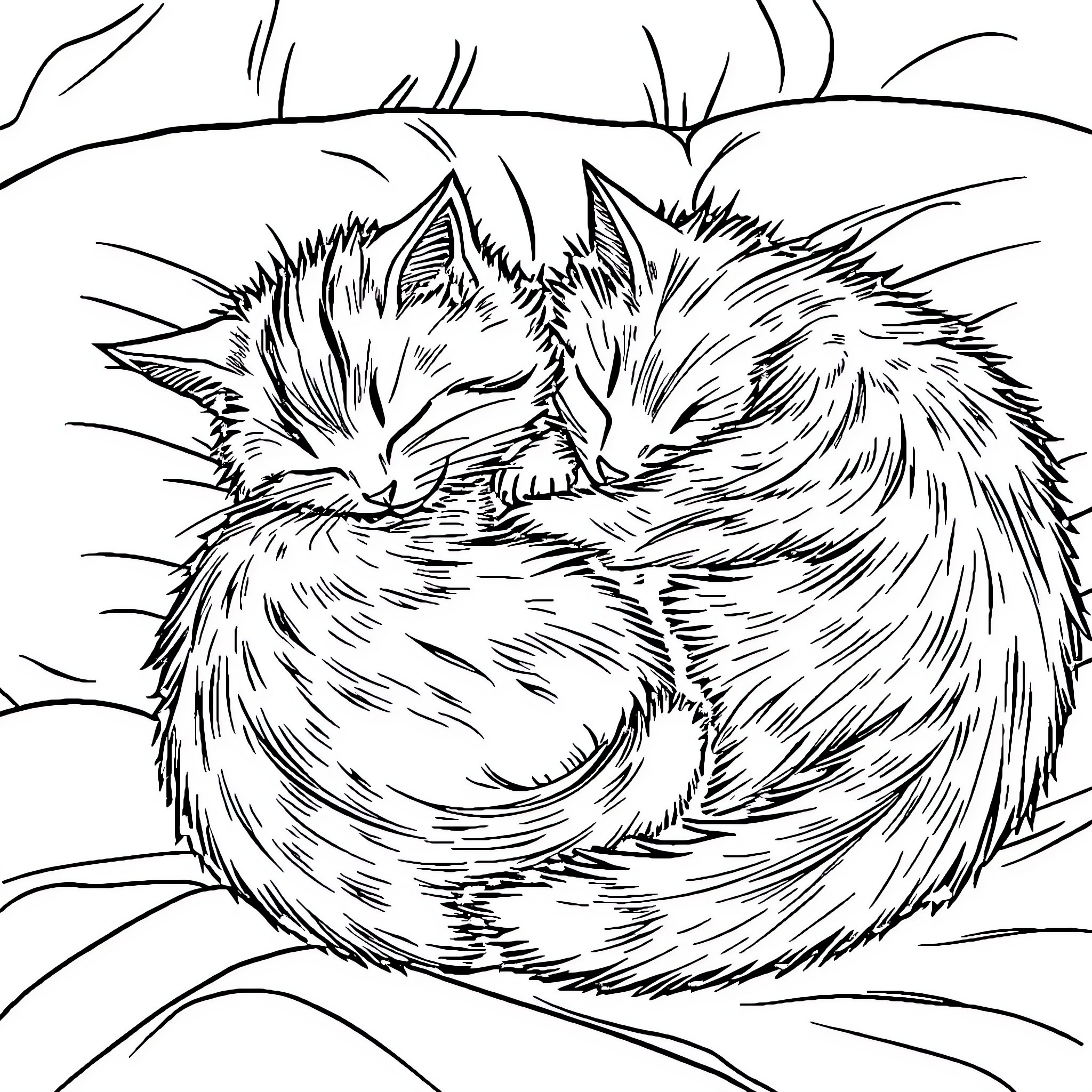 Cat curled up and sleeping peacefully Coloring Page (free black-and-white line drawing printable PDF for all, from beginners to advanced learners, including children, teens, adults, and seniors)