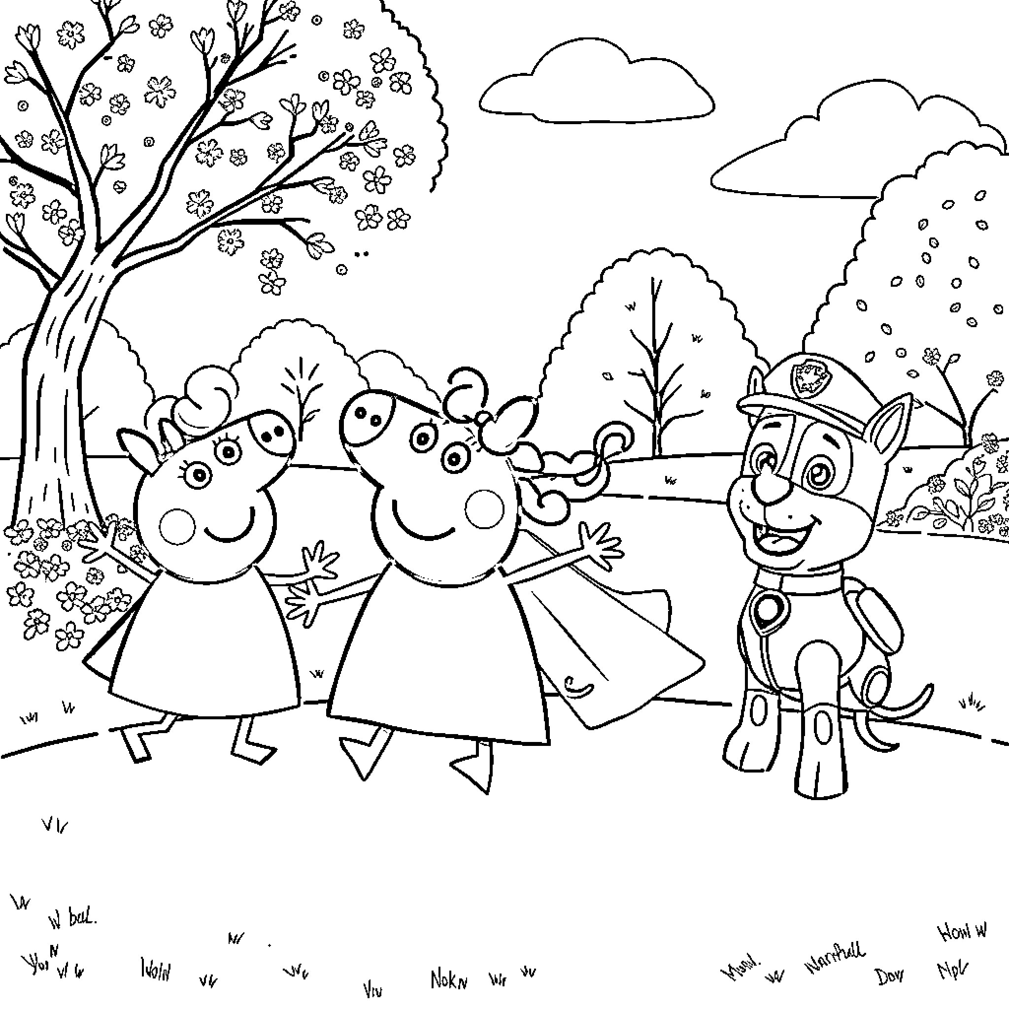 Peppa Pig characters exploring a snowy landscape Coloring Page (free black-and-white line drawing printable PDF for all, from beginners to advanced learners, including children, teens, adults, and seniors)