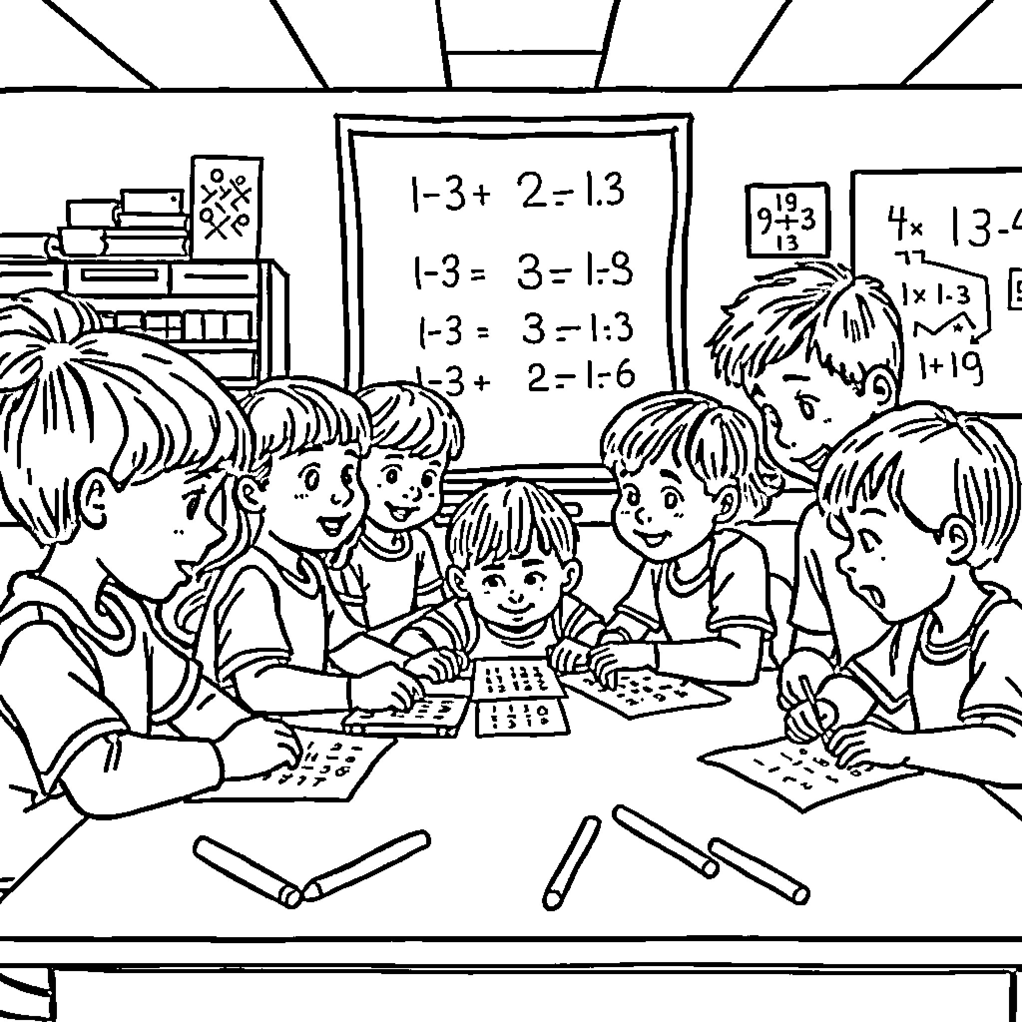 Class Engaged in Math Lesson at Chalkboard Coloring Page (free black-and-white line drawing printable PDF for all, from beginners to advanced learners, including children, teens, adults, and seniors)
