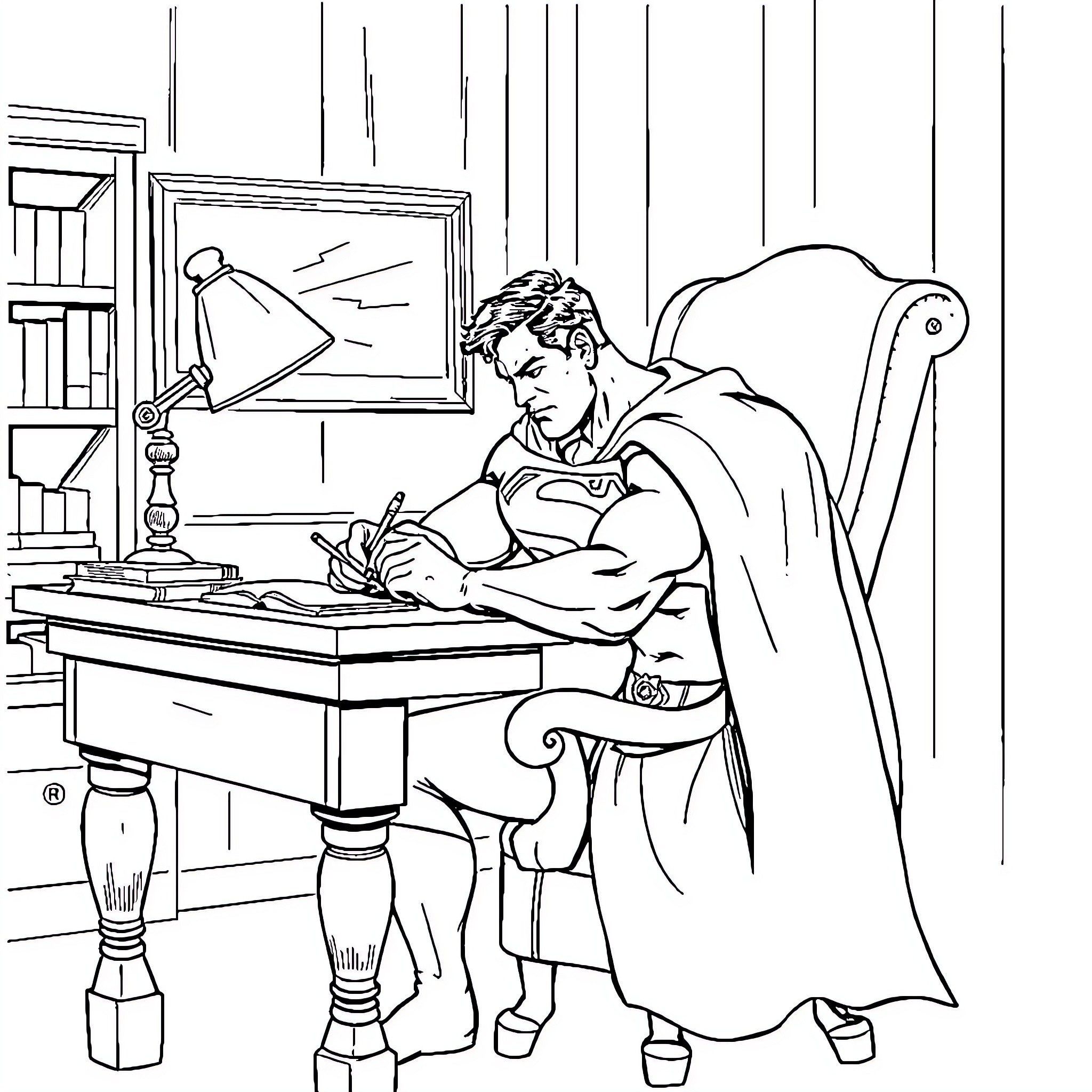 Superman working diligently at his desk Coloring Page (free black-and-white line drawing printable PDF for all, from beginners to advanced learners, including children, teens, adults, and seniors)