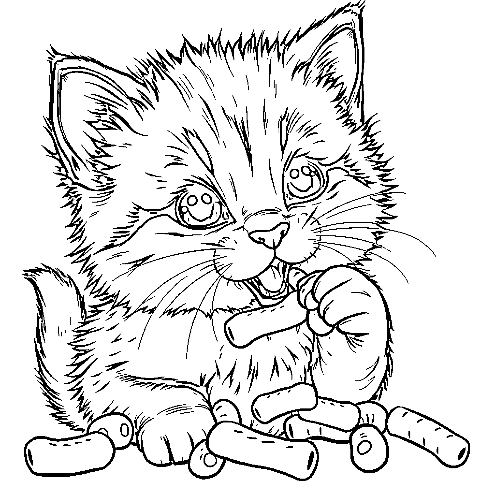 Cat Playing with Toys Coloring Page (free black-and-white line drawing printable PDF for all, from beginners to advanced learners, including children, teens, adults, and seniors)