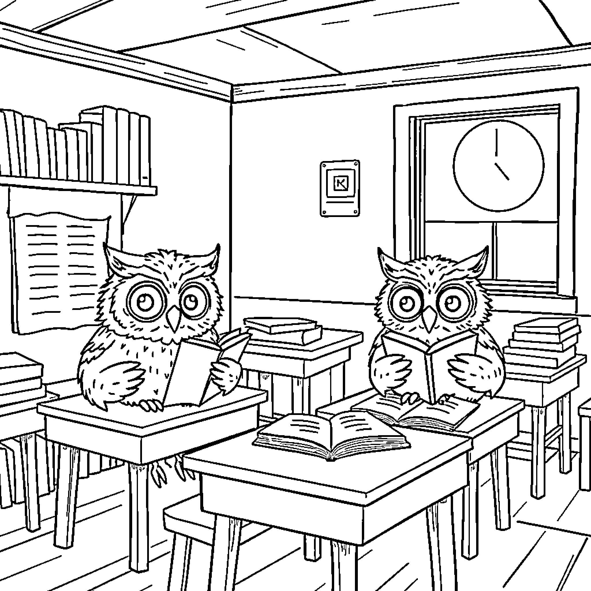 Owl students studying diligently in the classroom Coloring Page (free black-and-white line drawing printable PDF for all, from beginners to advanced learners, including children, teens, adults, and seniors)