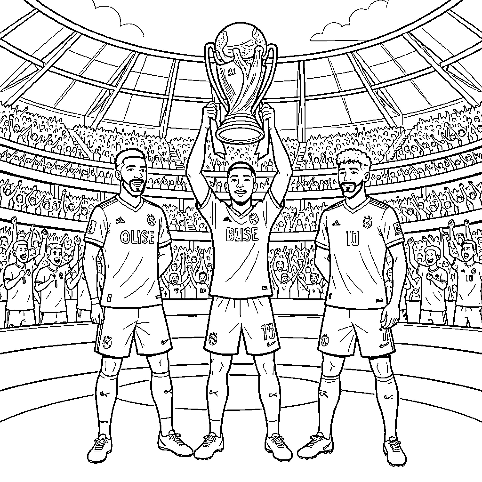 Mbappe celebrating a victory while lifting a trophy Coloring Page (free black-and-white line drawing printable PDF for all, from beginners to advanced learners, including children, teens, adults, and seniors)