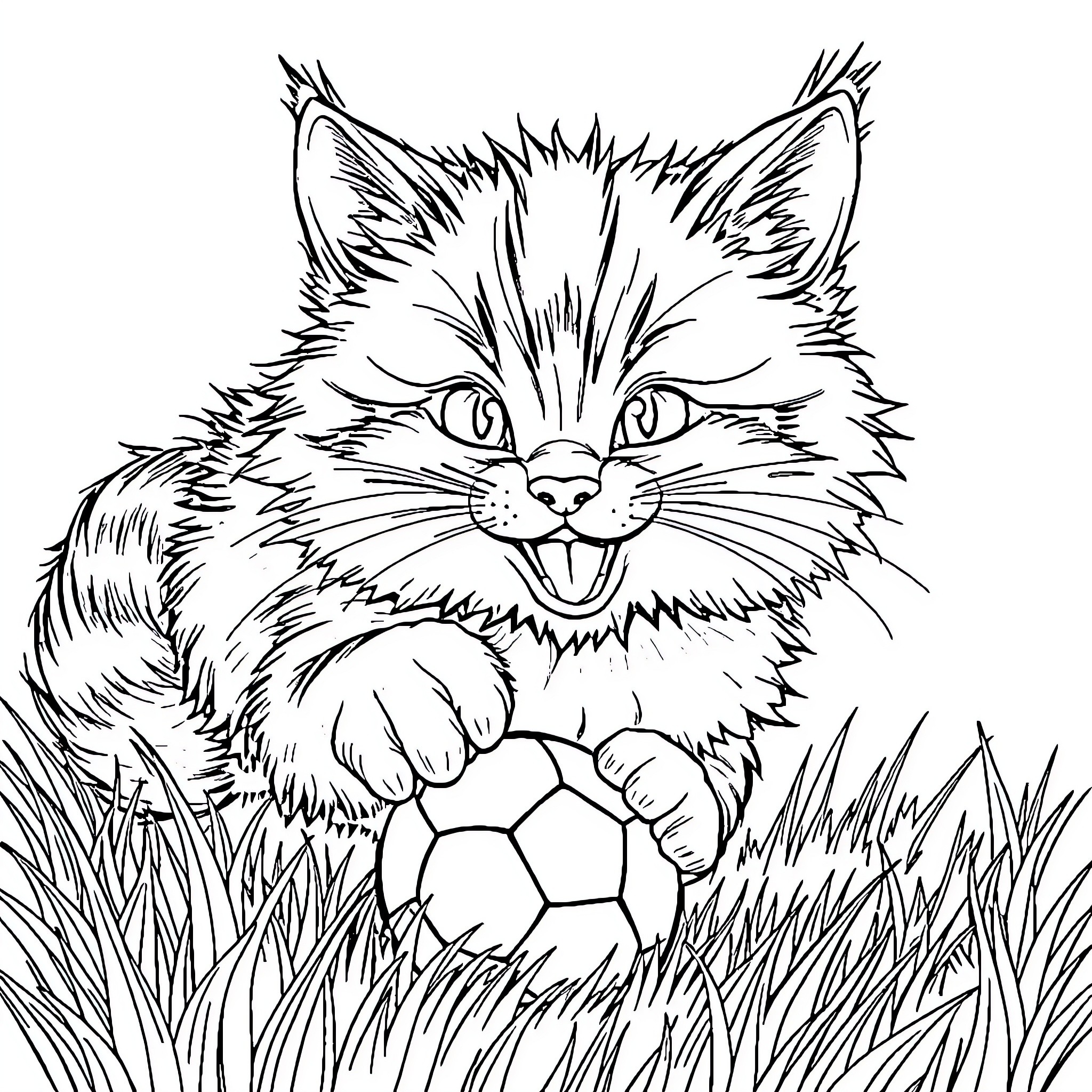 Cat playing with soccer ball in field Coloring Page (free black-and-white line drawing printable PDF for all, from beginners to advanced learners, including children, teens, adults, and seniors)