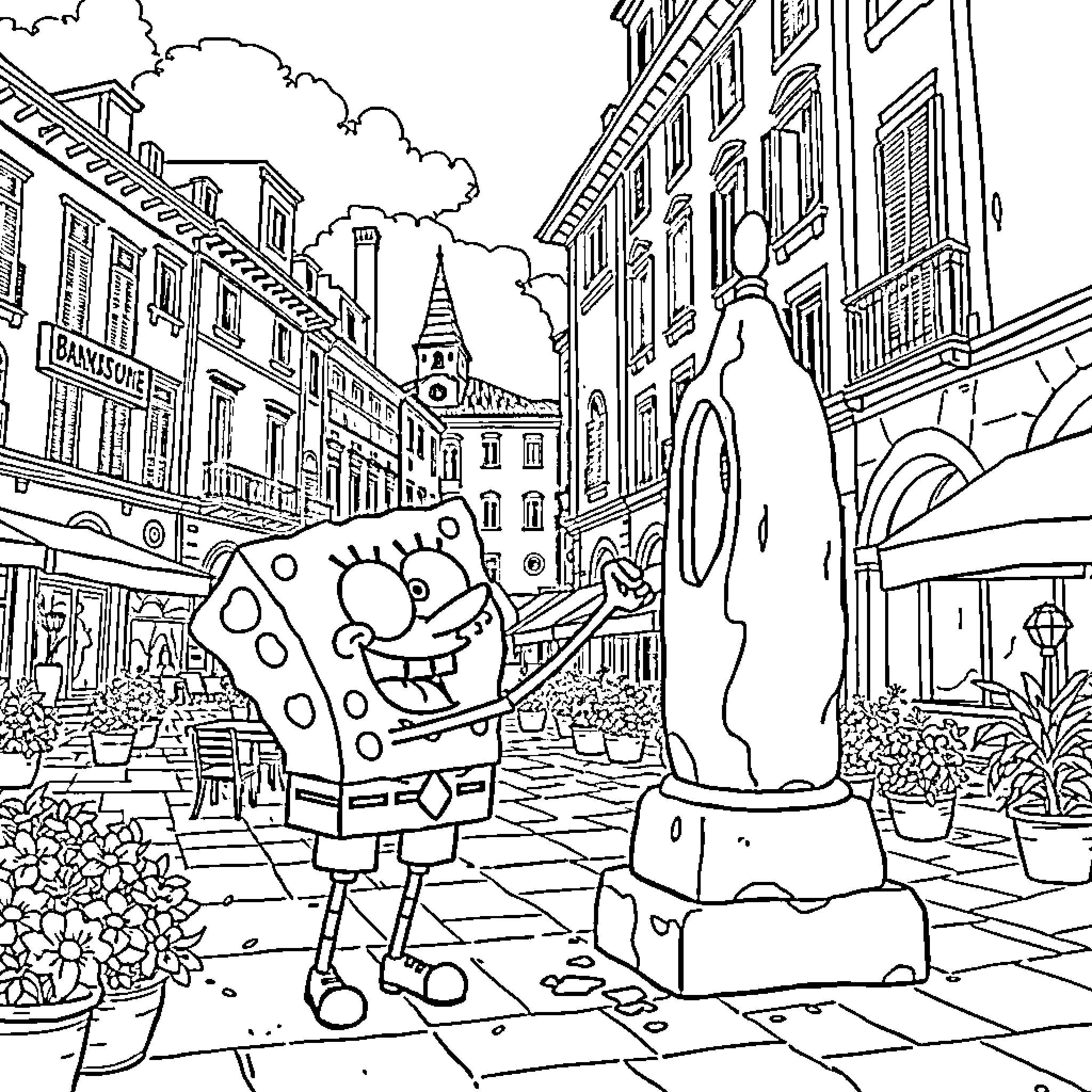 Spongebob's Adventure in an Old European Town Coloring Page (free black-and-white line drawing printable PDF for all, from beginners to advanced learners, including children, teens, adults, and seniors)