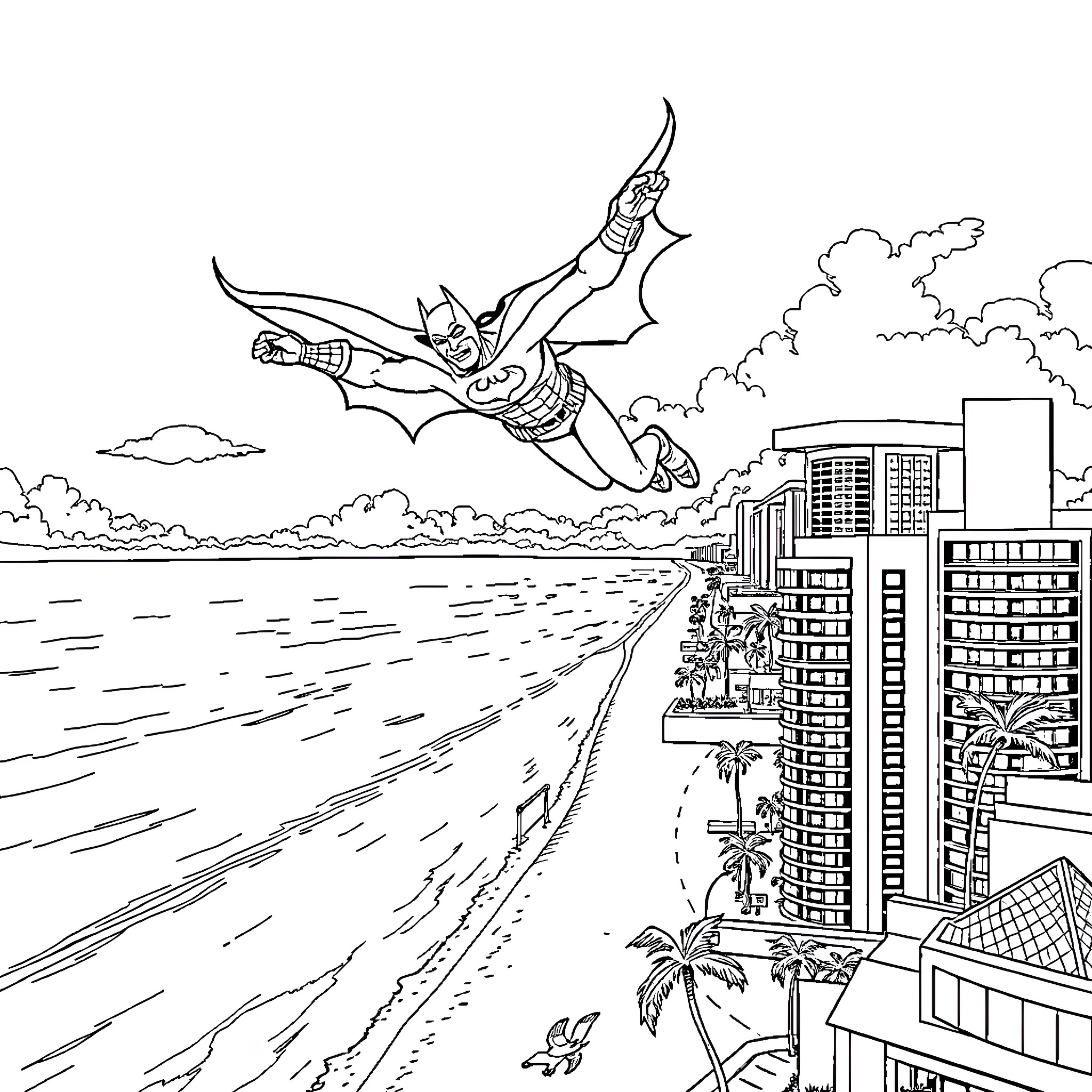 Batman soaring over the city skyline Coloring Page (free black-and-white line drawing printable PDF for all, from beginners to advanced learners, including children, teens, adults, and seniors)