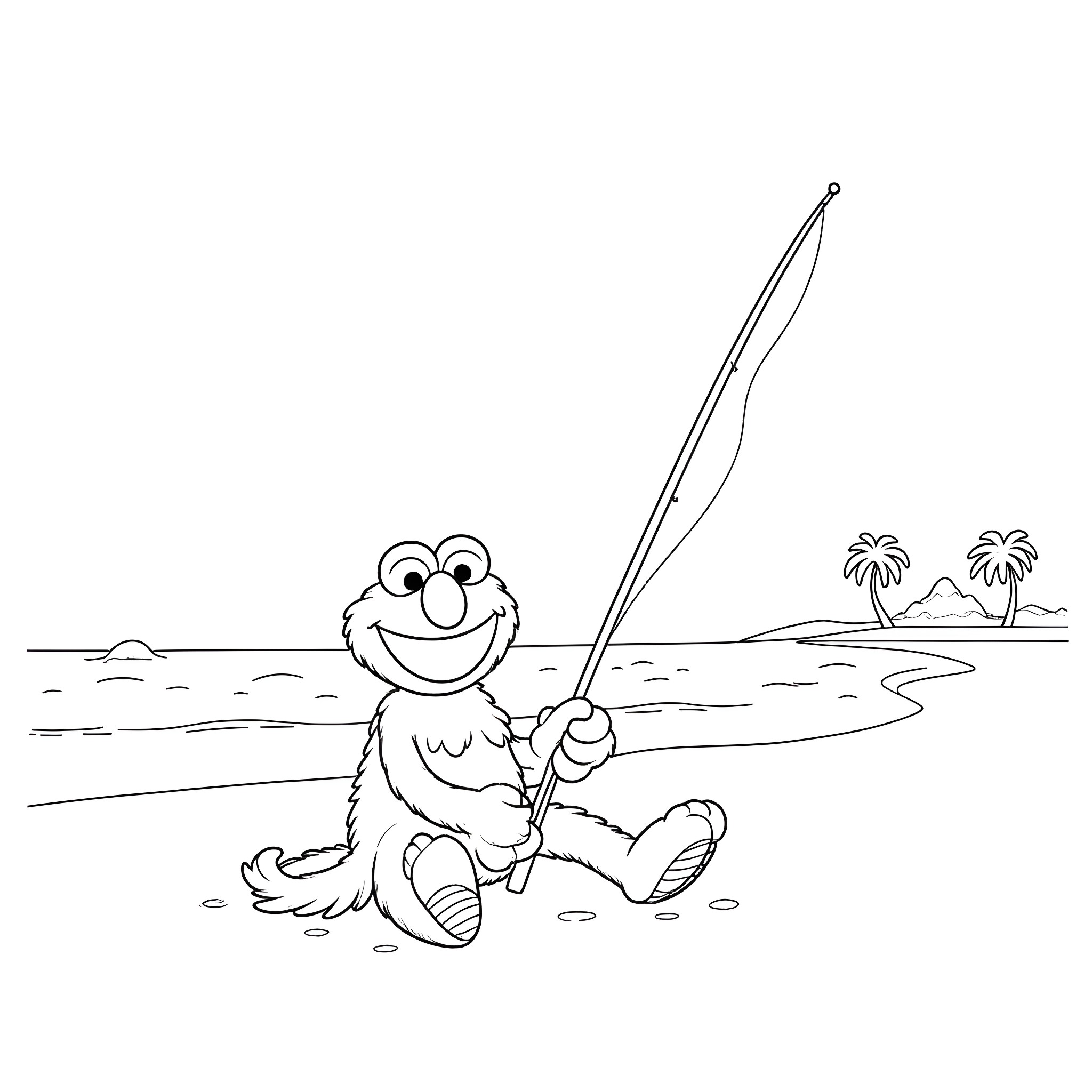 Elmo fishing happily on the beach Coloring Page (free black-and-white line drawing printable PDF for all, from beginners to advanced learners, including children, teens, adults, and seniors)