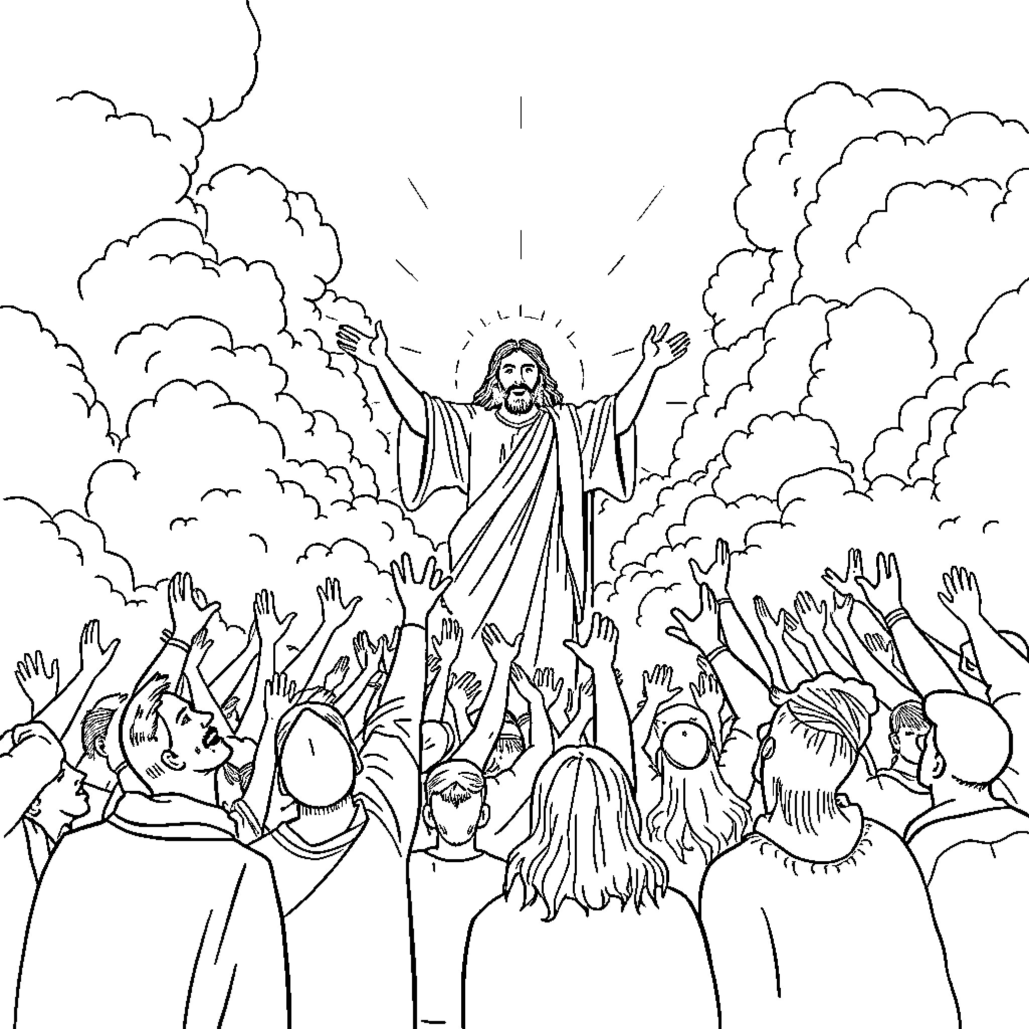 Jesus leading a crowd in the heavenly realm Coloring Page (free black-and-white line drawing printable PDF for all, from beginners to advanced learners, including children, teens, adults, and seniors)
