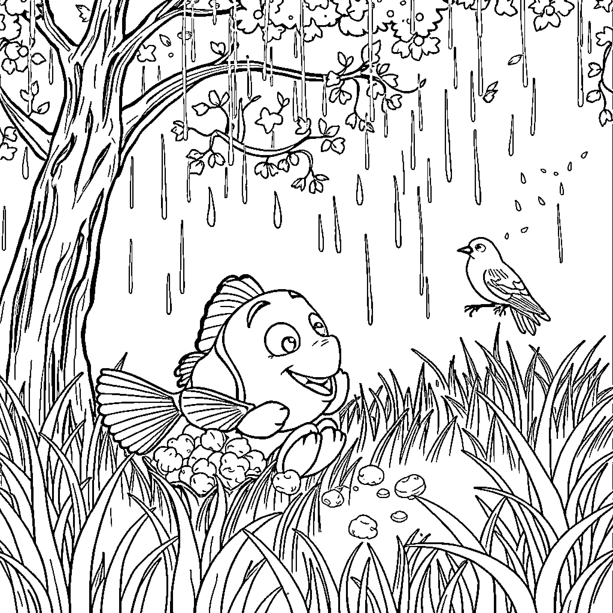 Nemo in the Rainy Forest Coloring Page (free black-and-white line drawing printable PDF for all, from beginners to advanced learners, including children, teens, adults, and seniors)