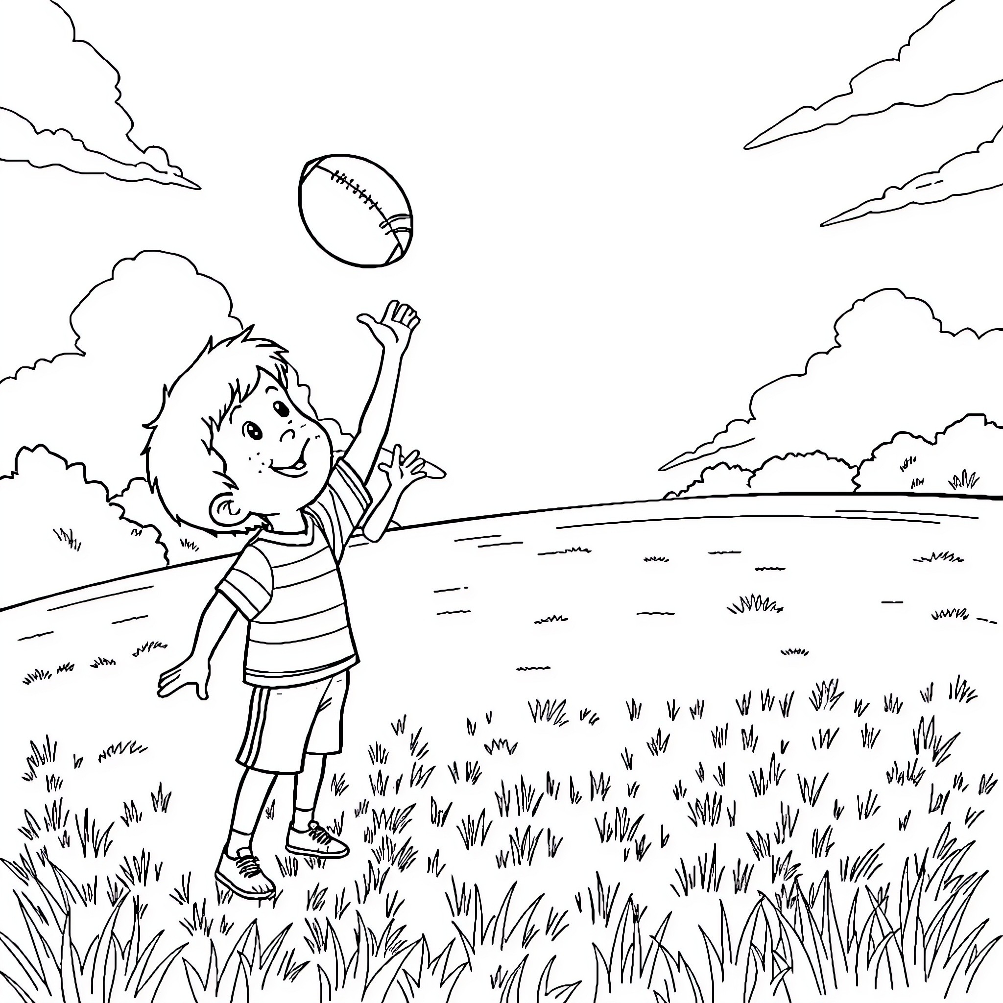 Football player catching the ball in the field Coloring Page (free black-and-white line drawing printable PDF for all, from beginners to advanced learners, including children, teens, adults, and seniors)
