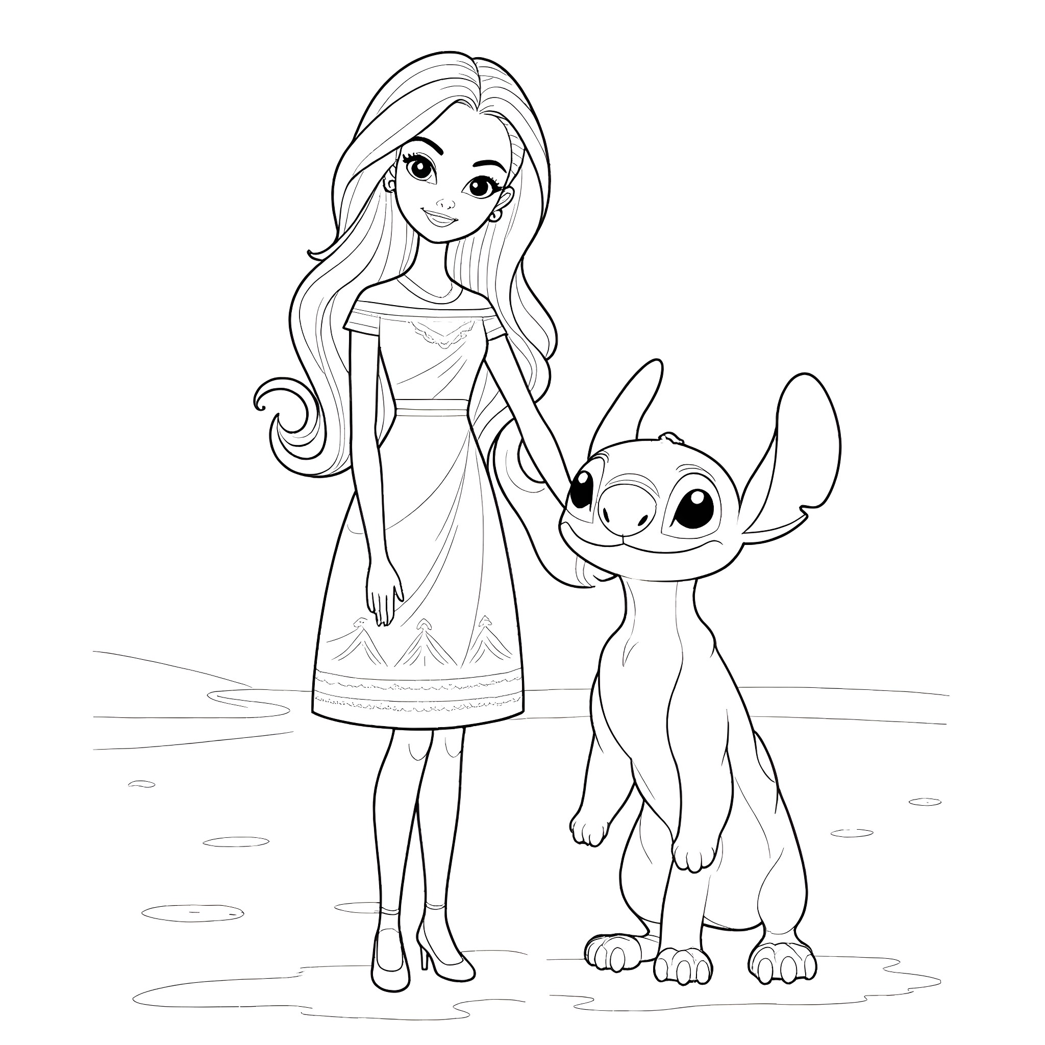 Barbie and her Cute Alien Companion Coloring Page (free black-and-white line drawing printable PDF for all, from beginners to advanced learners, including children, teens, adults, and seniors)