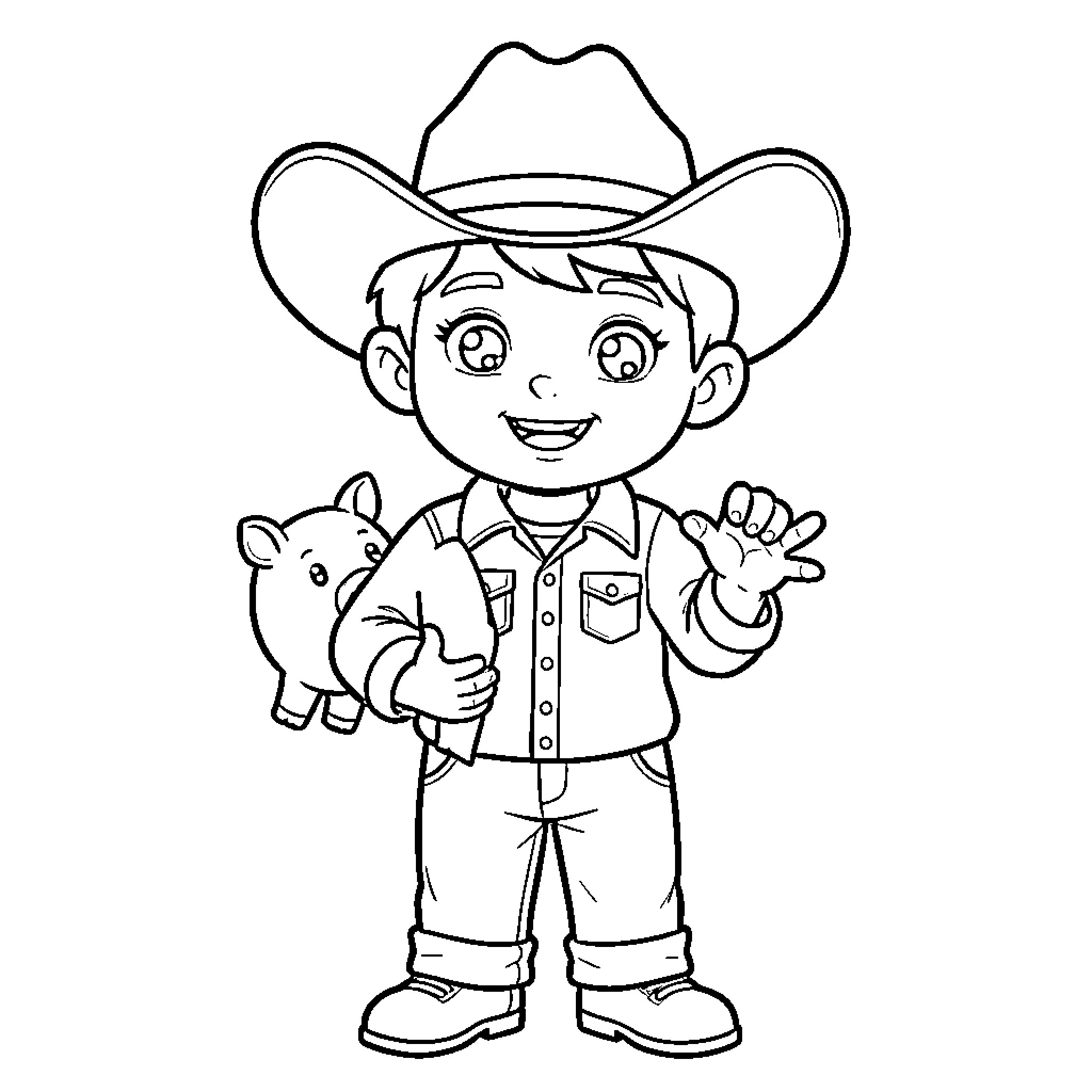 Boy waving happily with a pet animal Coloring Page (free black-and-white line drawing printable PDF for all, from beginners to advanced learners, including children, teens, adults, and seniors)
