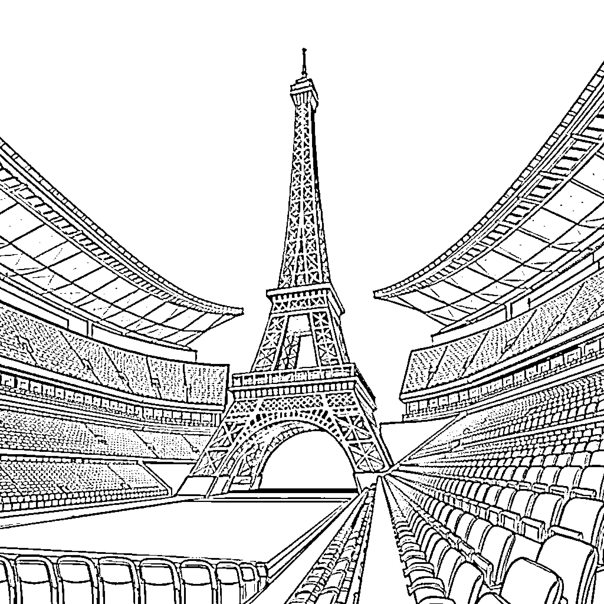 Eiffel Tower in a Monochrome Cityscape Coloring Page (free black-and-white line drawing printable PDF for all, from beginners to advanced learners, including children, teens, adults, and seniors)