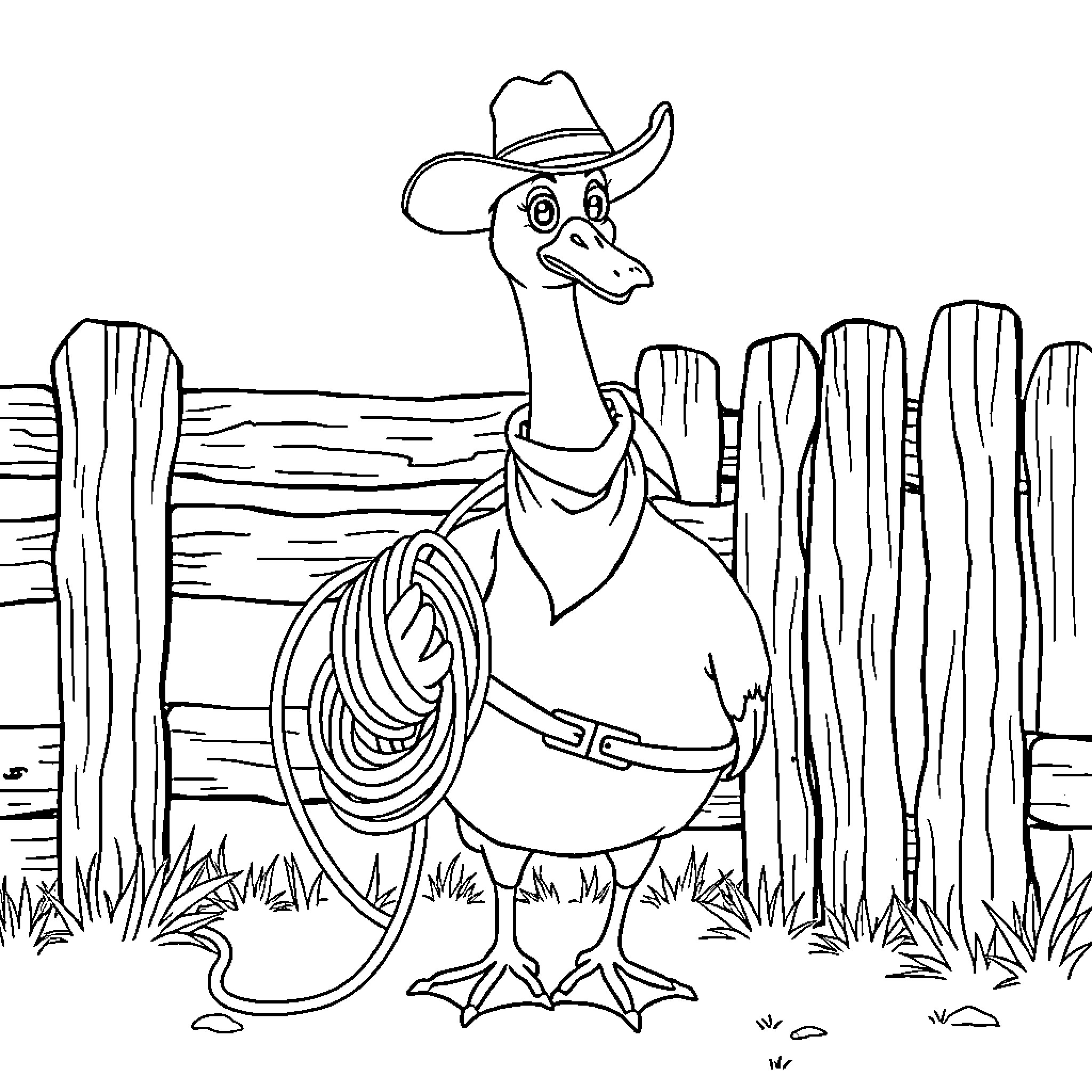 Goose wearing cowboy hat and lasso in rural setting Coloring Page (free black-and-white line drawing printable PDF for all, from beginners to advanced learners, including children, teens, adults, and seniors)