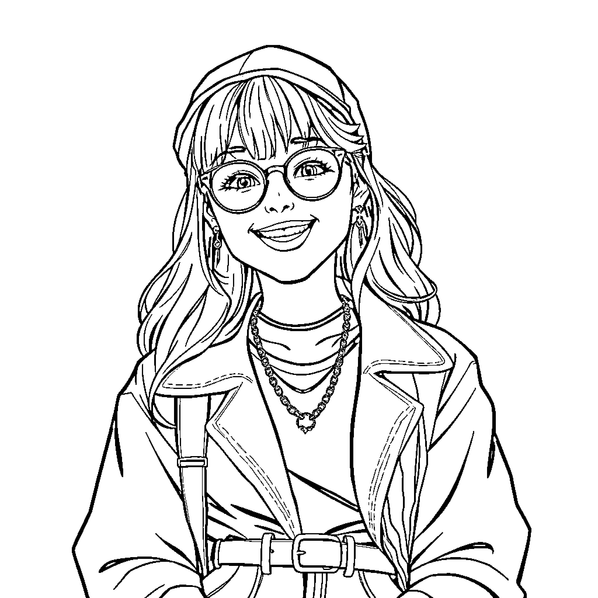 Rumy's Stylish and Cheerful Portrait Coloring Page (free black-and-white line drawing printable PDF for all, from beginners to advanced learners, including children, teens, adults, and seniors)