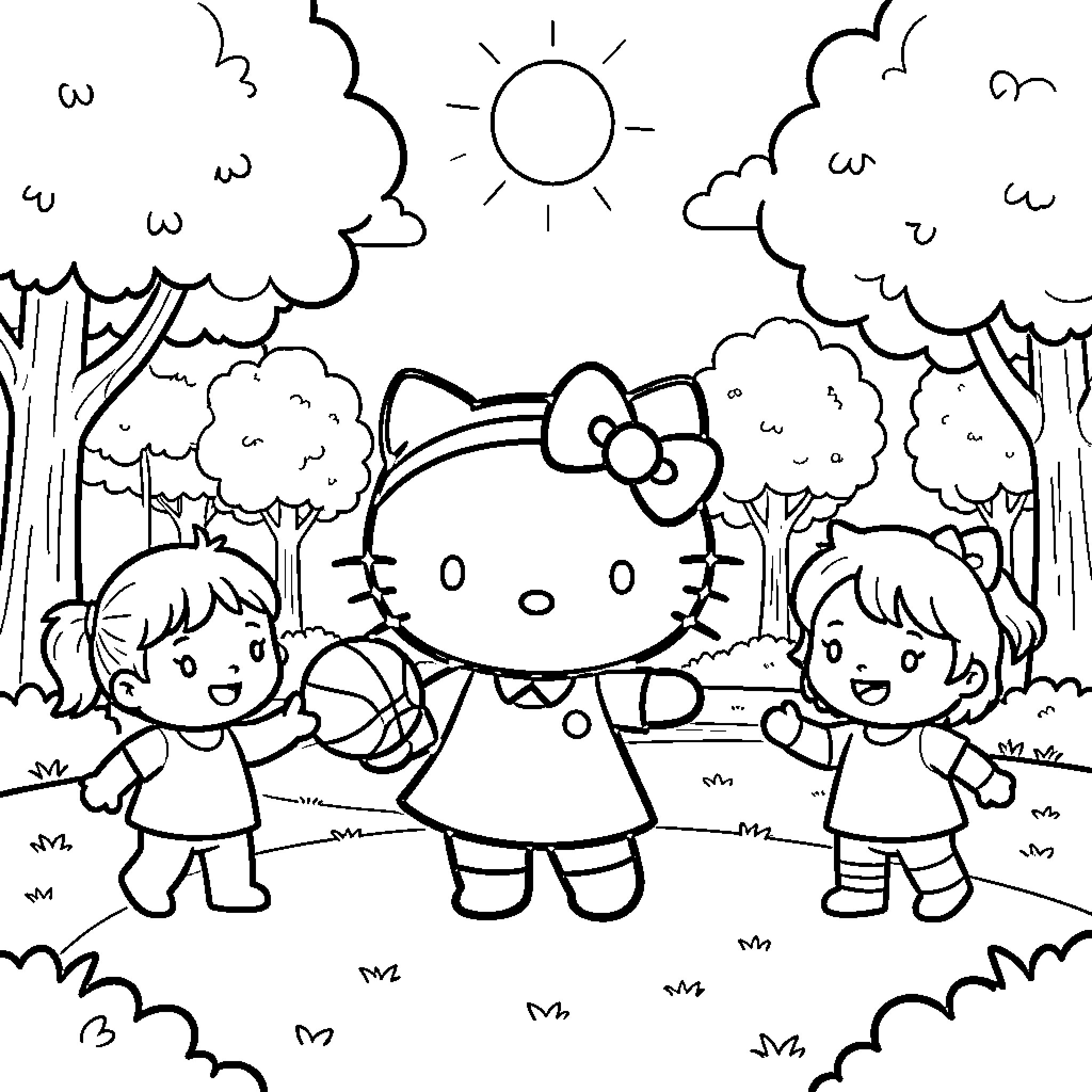 Hello Kitty playing with children in the park Coloring Page (free black-and-white line drawing printable PDF for all, from beginners to advanced learners, including children, teens, adults, and seniors)