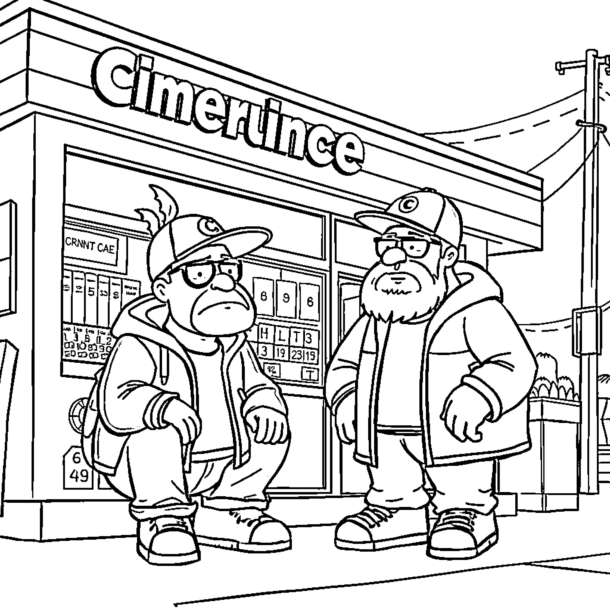 Jay and Silent Bob Outside the Convenience Store Coloring Page (free black-and-white line drawing printable PDF for all, from beginners to advanced learners, including children, teens, adults, and seniors)