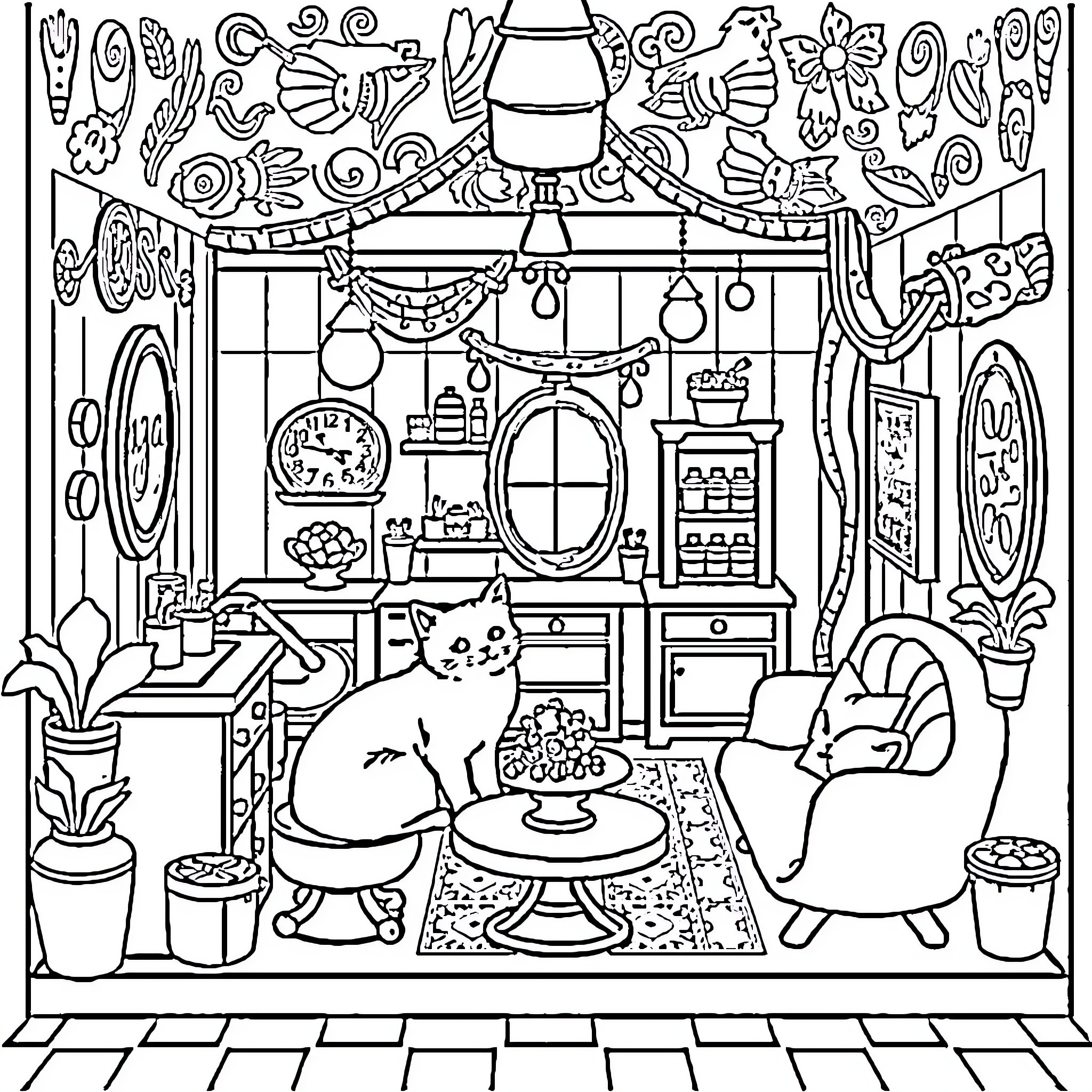 Gabby Dollhouse: Cozy Domestic Scene with Playful Cat Coloring Page (free black-and-white line drawing printable PDF for all, from beginners to advanced learners, including children, teens, adults, and seniors)