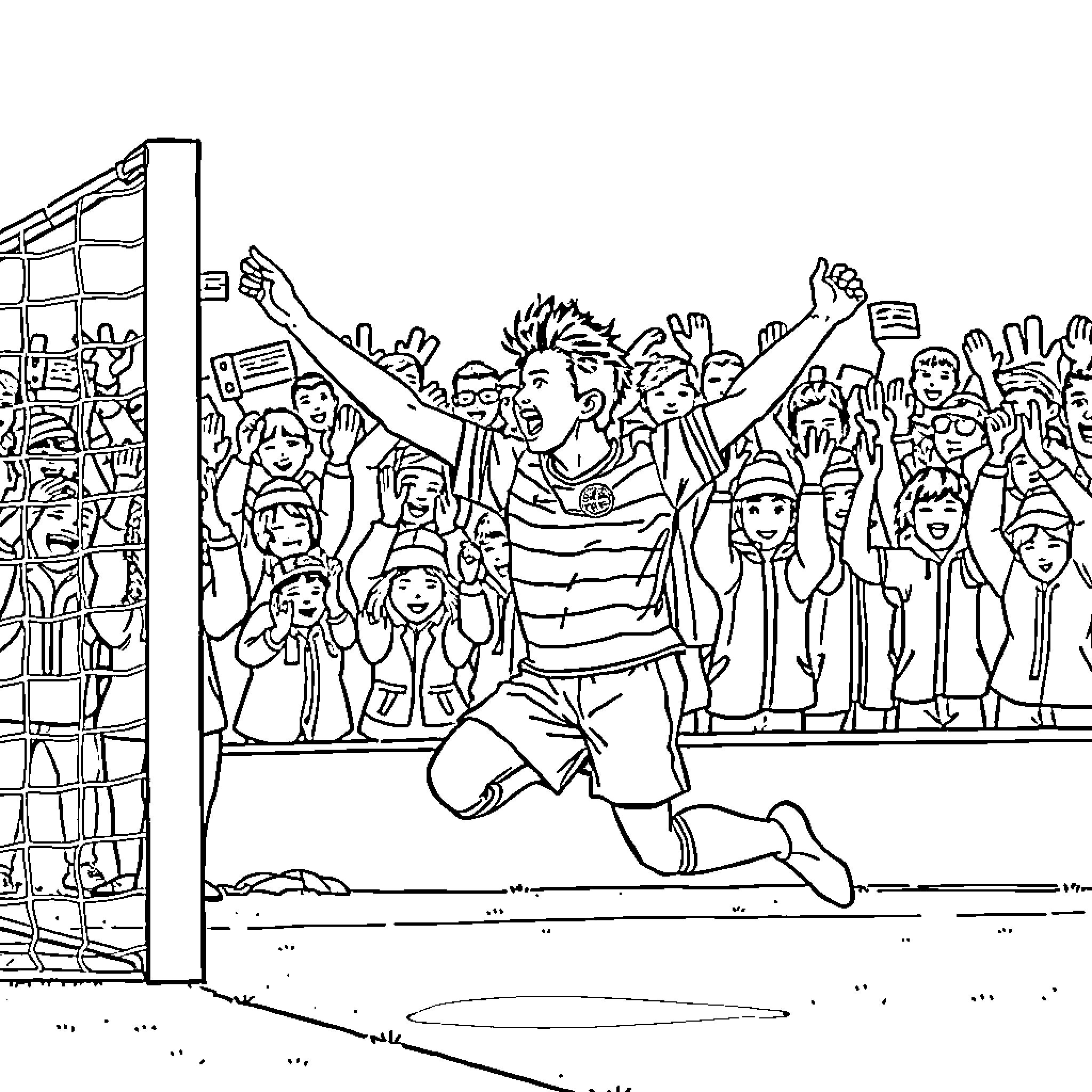 Daizen Maeda's Energetic Goal Celebration in Front of Enthusiastic Crowd Coloring Page (free black-and-white line drawing printable PDF for all, from beginners to advanced learners, including children, teens, adults, and seniors)
