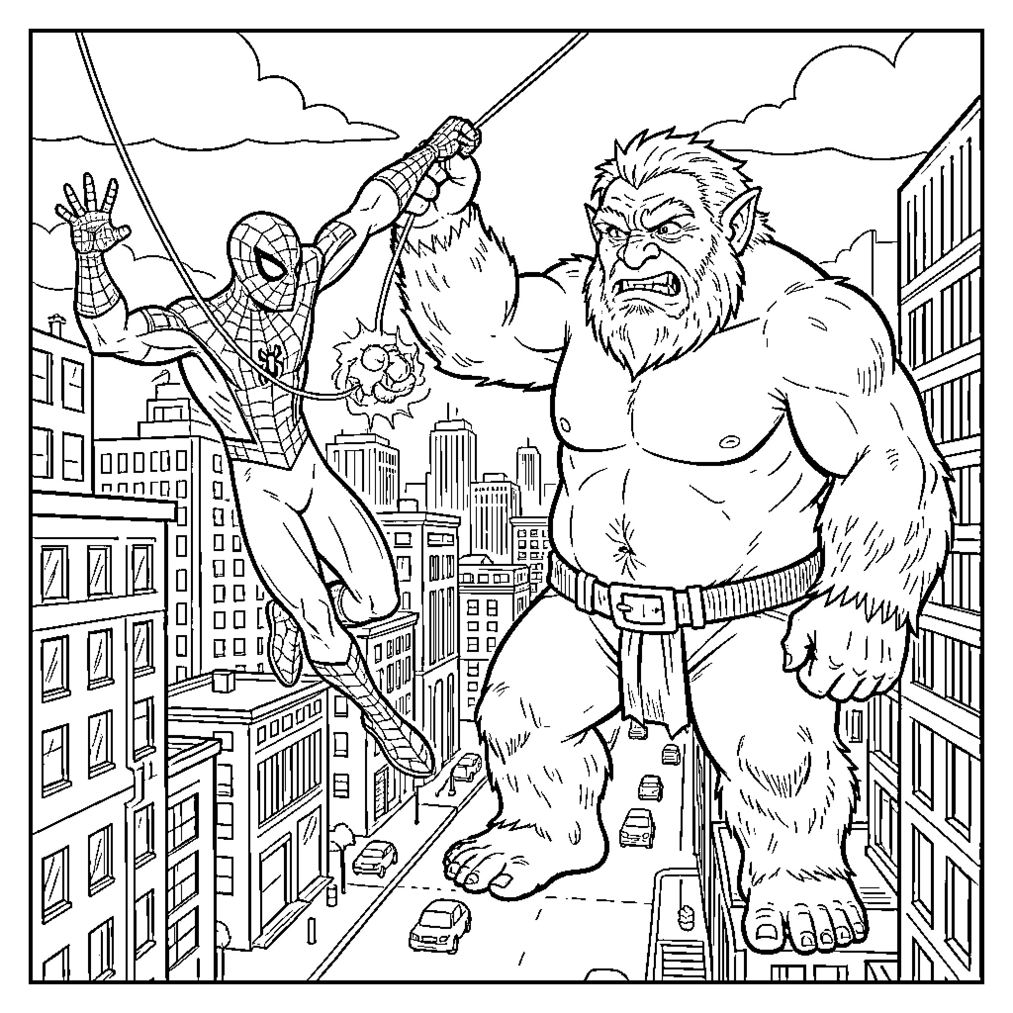 Spider-Man battles a giant furry creature in the city Coloring Page (free black-and-white line drawing printable PDF for all, from beginners to advanced learners, including children, teens, adults, and seniors)