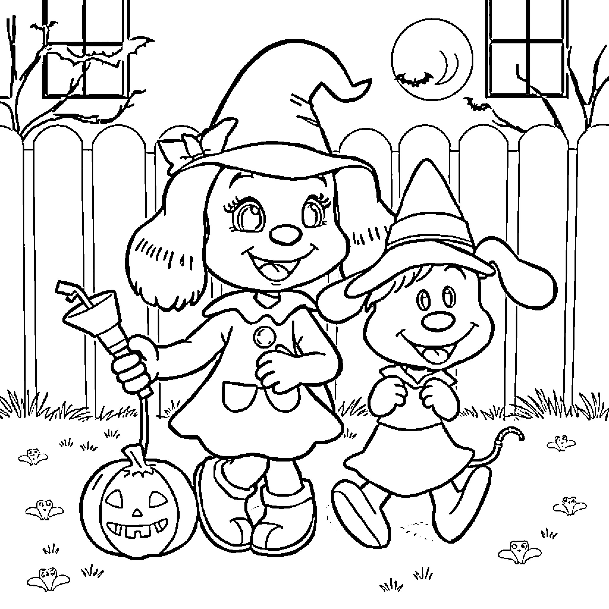 Blue Halloween Costumes and Trick-or-Treating Coloring Page (free black-and-white line drawing printable PDF for all, from beginners to advanced learners, including children, teens, adults, and seniors)