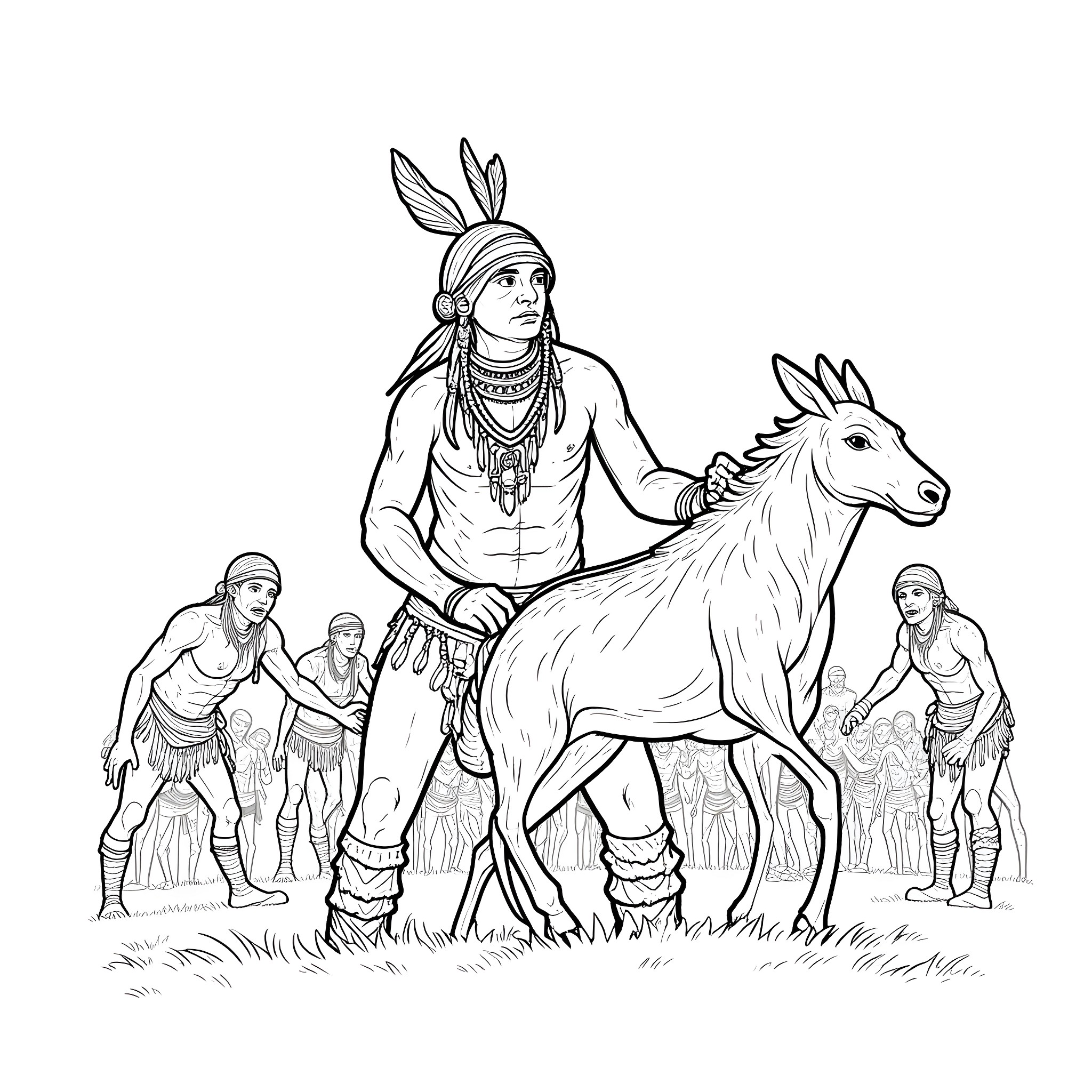 Native American Tribal Leader with Horse and Followers Coloring Page (free black-and-white line drawing printable PDF for all, from beginners to advanced learners, including children, teens, adults, and seniors)