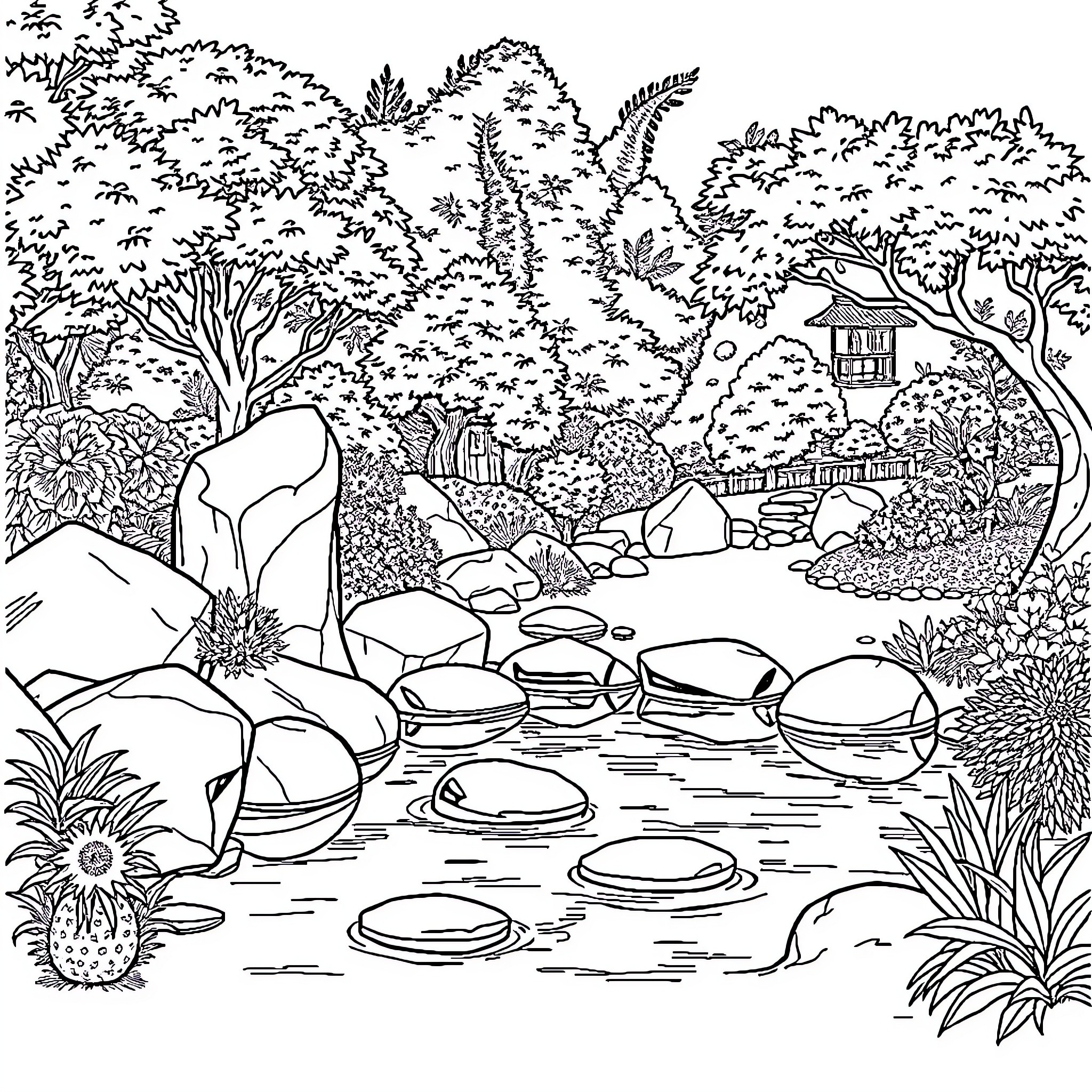 Garden scene with a peaceful pond and lush vegetation Coloring Page (free black-and-white line drawing printable PDF for all, from beginners to advanced learners, including children, teens, adults, and seniors)