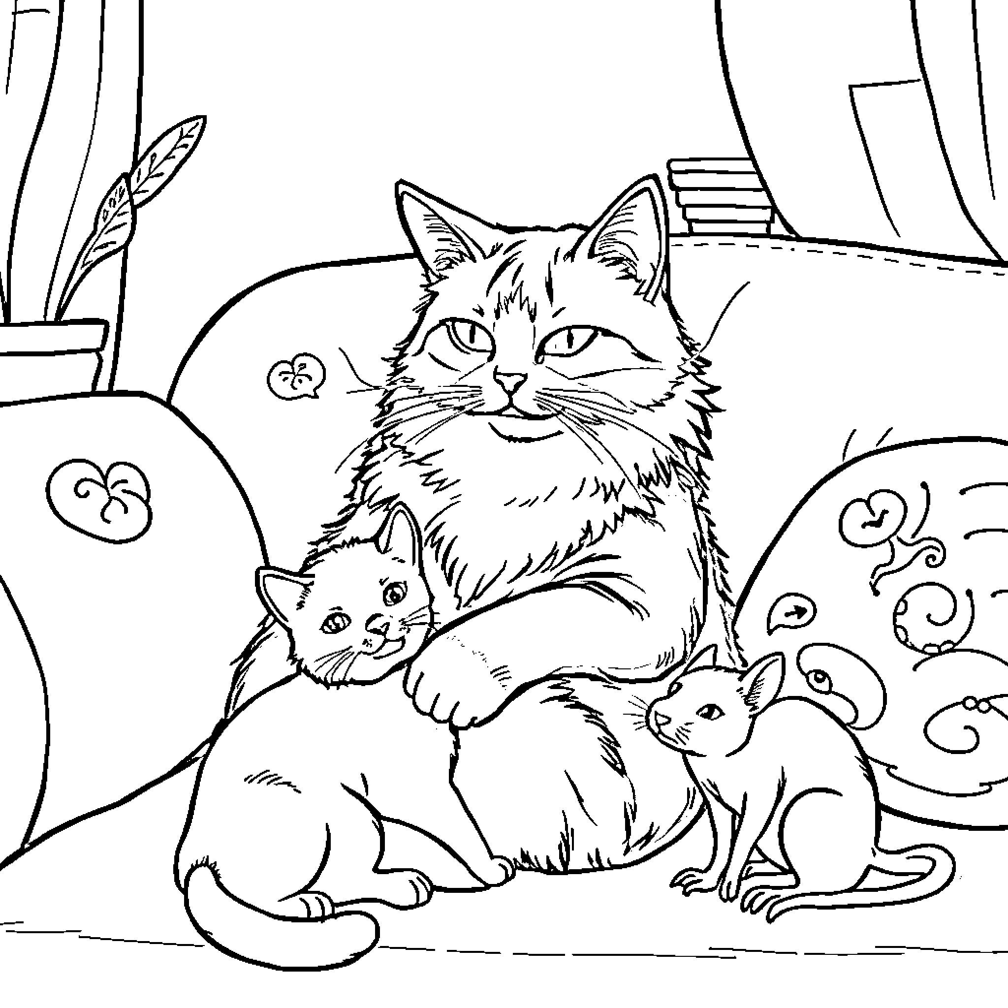 Rumi and her Feline Family Coloring Page (free black-and-white line drawing printable PDF for all, from beginners to advanced learners, including children, teens, adults, and seniors)