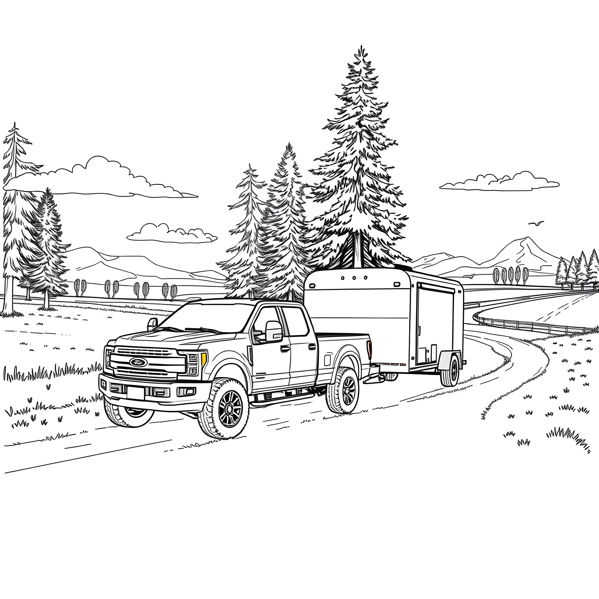 Pickup truck hauling trailer through scenic mountain landscape Coloring Page (free black-and-white line drawing printable PDF for all, from beginners to advanced learners, including children, teens, adults, and seniors)