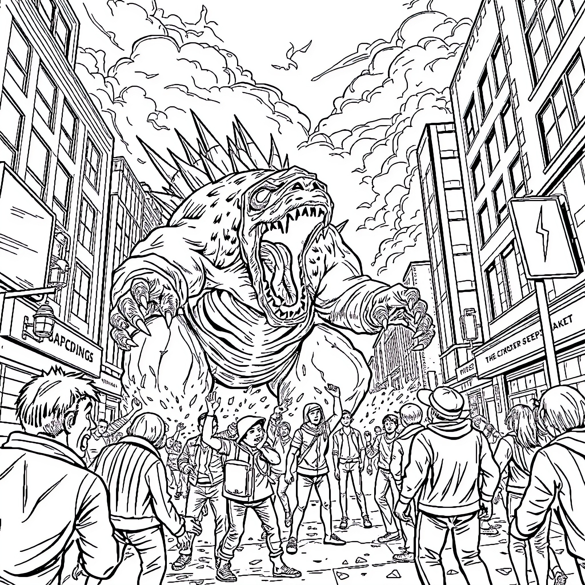Monster Rampaging Through a Crowded City Street Coloring Page (free black-and-white line drawing printable PDF for all, from beginners to advanced learners, including children, teens, adults, and seniors)