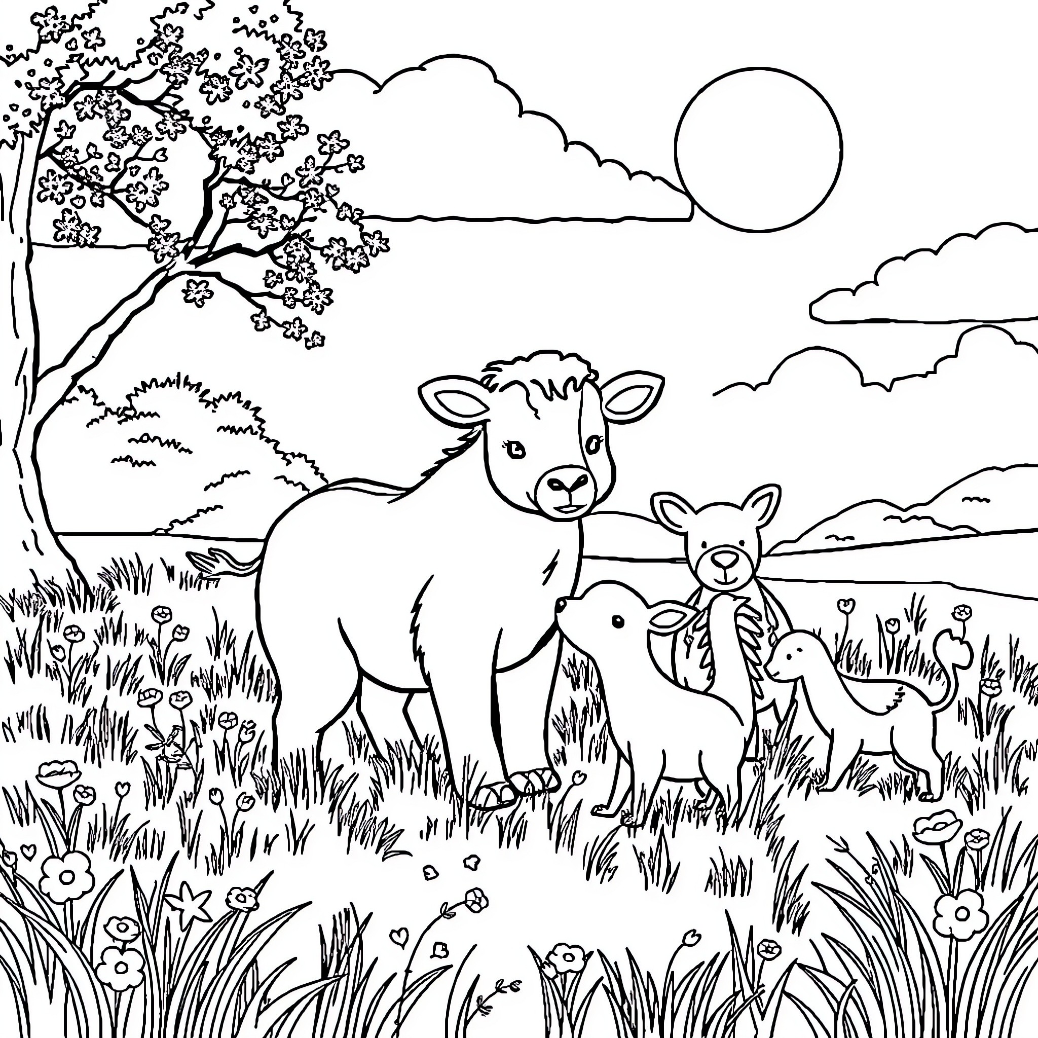 Animal Family Enjoying Peaceful Pastoral Scene Coloring Page (free black-and-white line drawing printable PDF for all, from beginners to advanced learners, including children, teens, adults, and seniors)