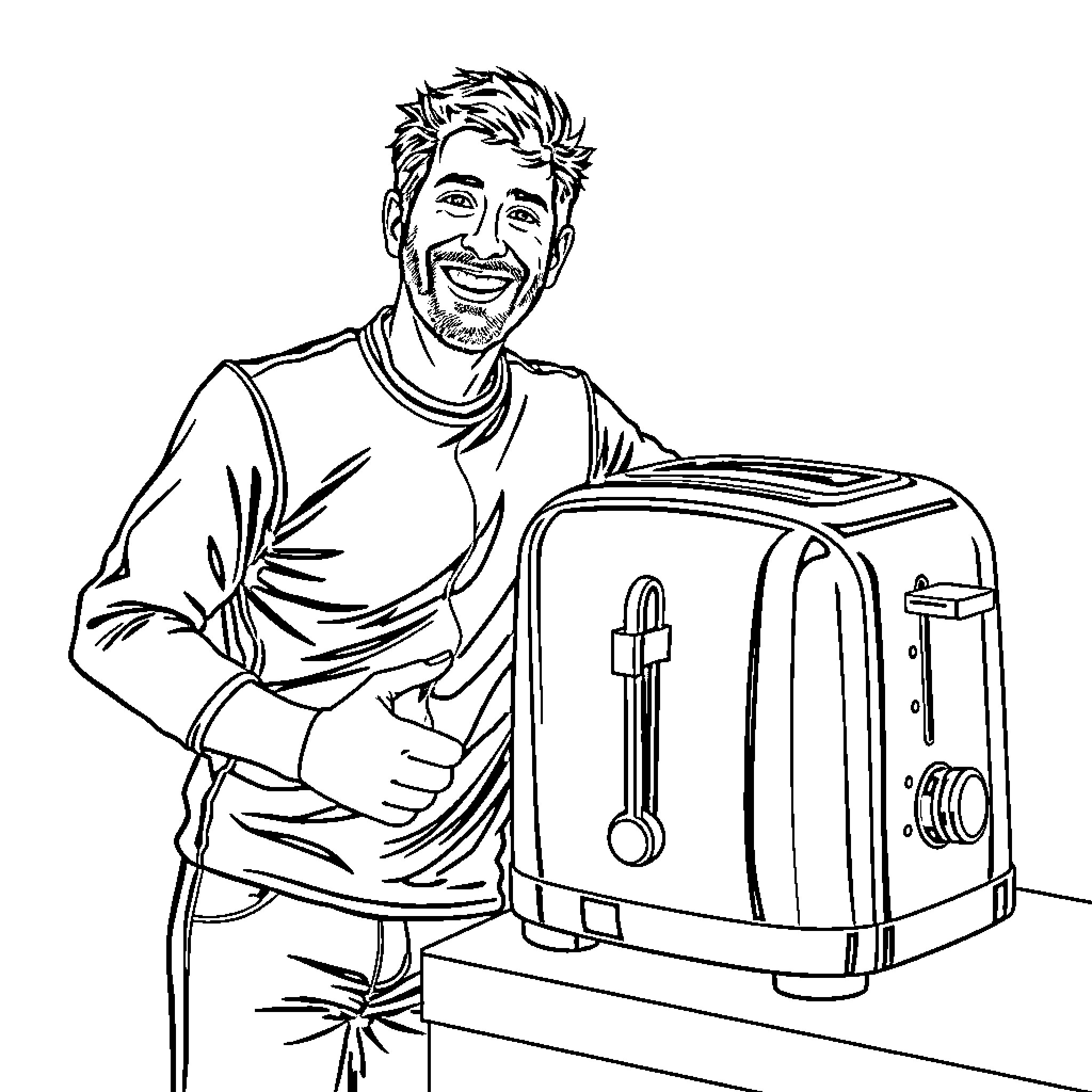 Romain Grosjean operating a toaster appliance Coloring Page (free black-and-white line drawing printable PDF for all, from beginners to advanced learners, including children, teens, adults, and seniors)