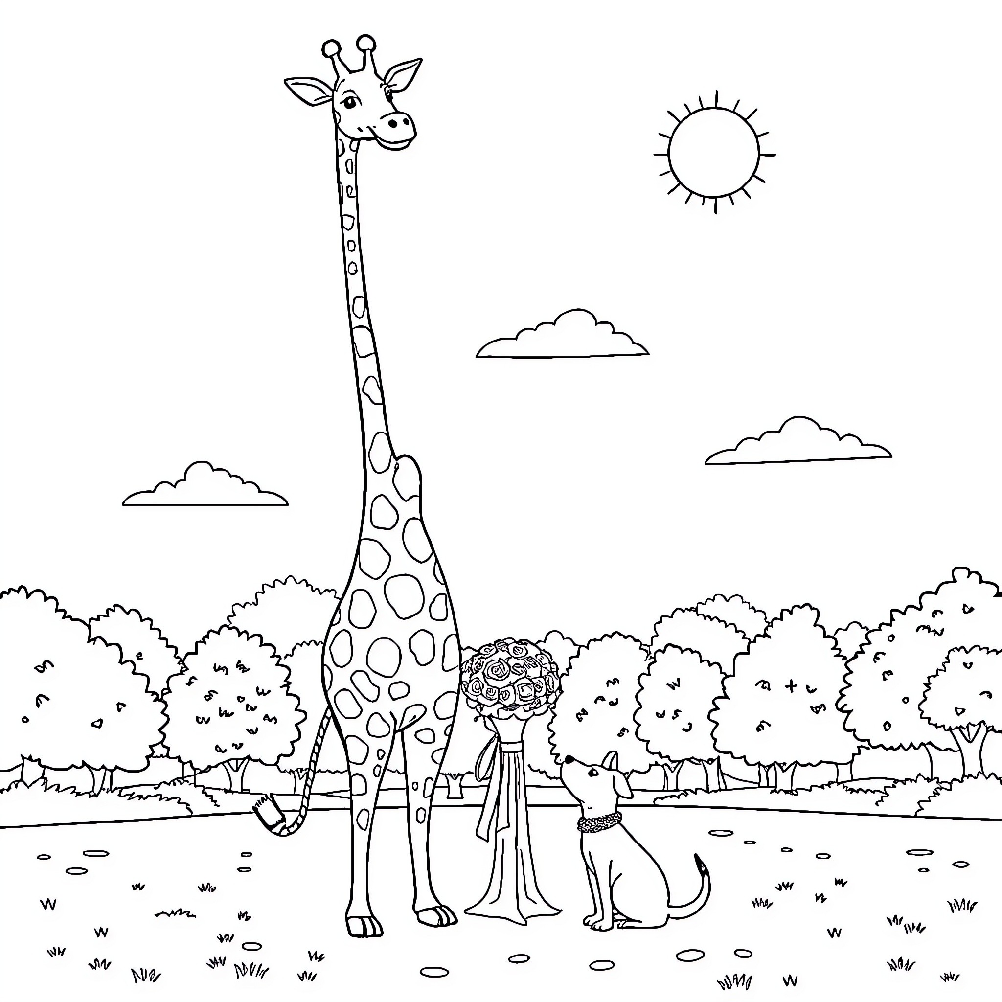 Giraffe playing with friends in nature Coloring Page (free black-and-white line drawing printable PDF for all, from beginners to advanced learners, including children, teens, adults, and seniors)