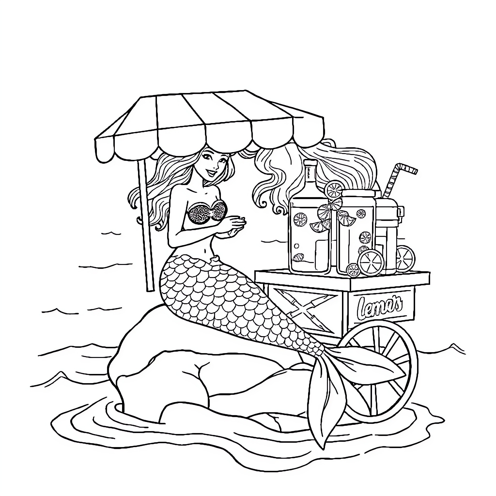 Mermaid operating a lemonade cart by the sea Coloring Page (free black-and-white line drawing printable PDF for all, from beginners to advanced learners, including children, teens, adults, and seniors)