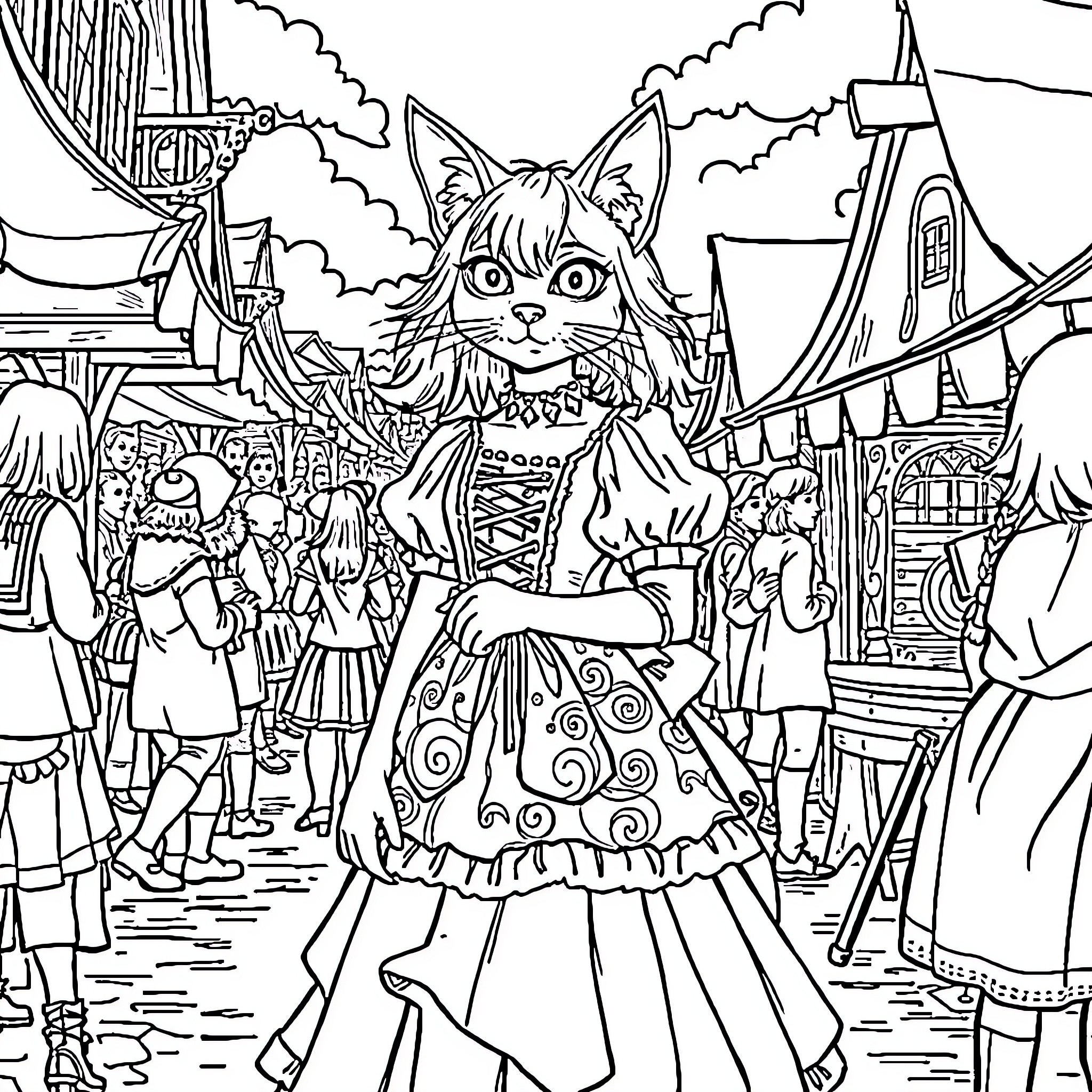 Catgirl in a Whimsical Fantasy Market Scene Coloring Page (free black-and-white line drawing printable PDF for all, from beginners to advanced learners, including children, teens, adults, and seniors)