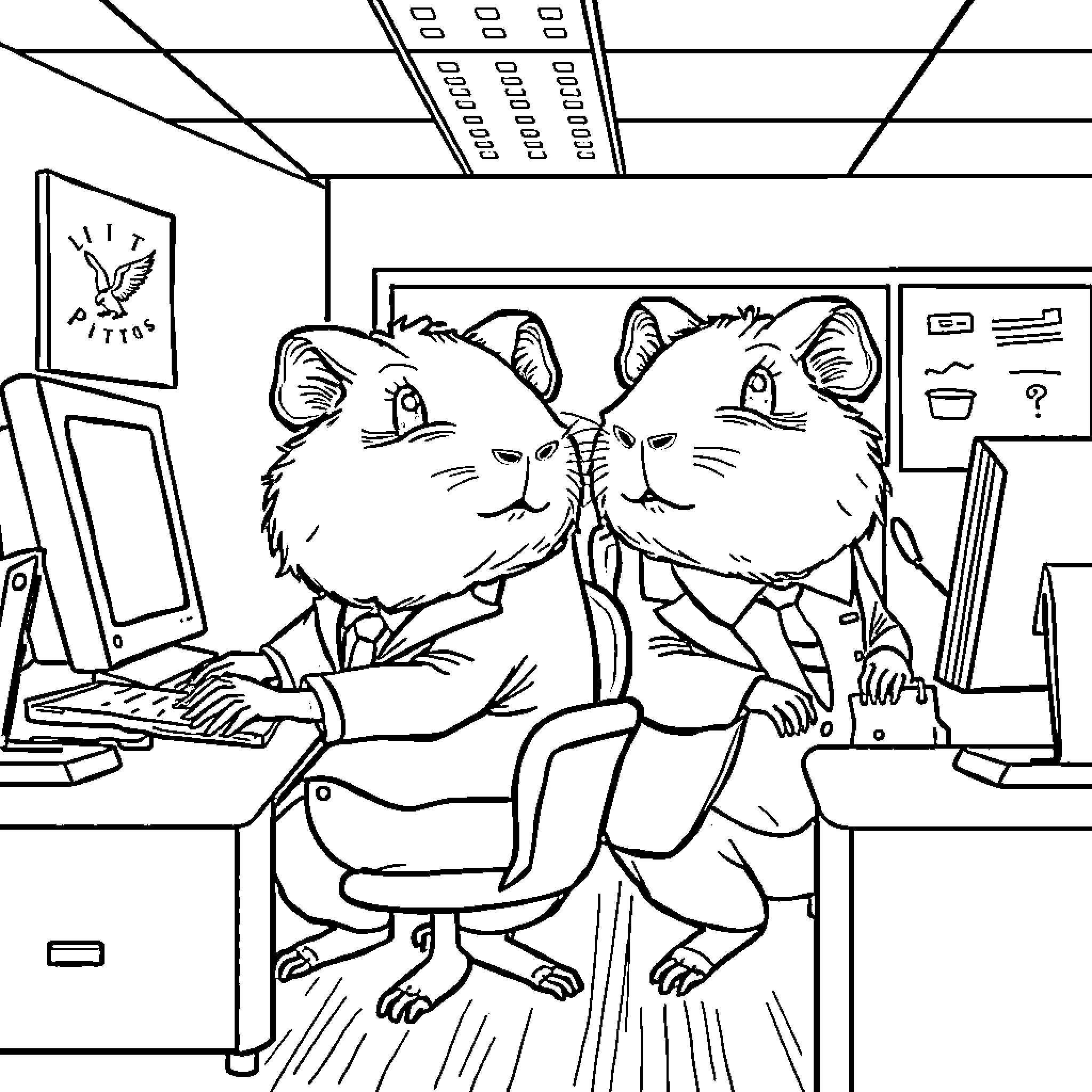Guinea Pigs working diligently at office computers Coloring Page (free black-and-white line drawing printable PDF for all, from beginners to advanced learners, including children, teens, adults, and seniors)