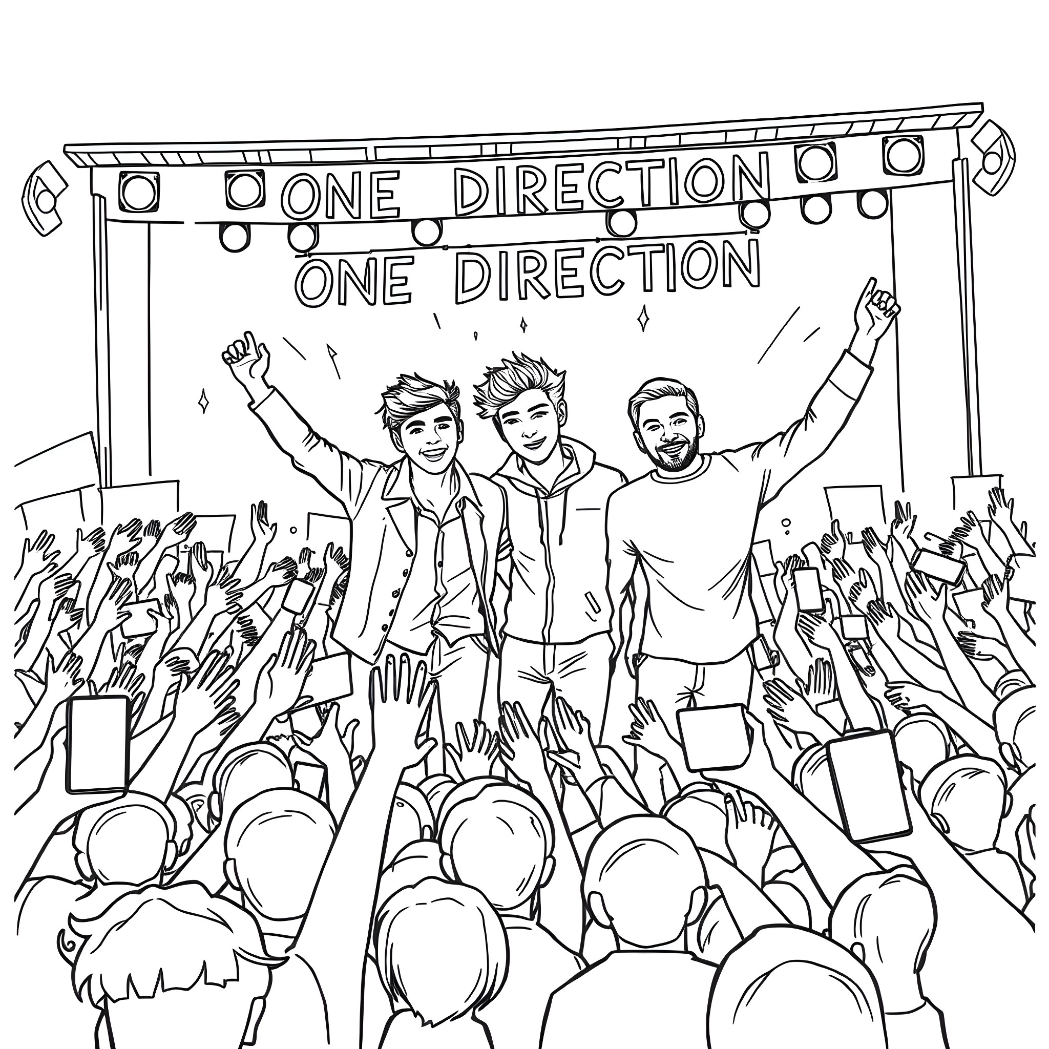 One Direction performing on stage with cheering crowd Coloring Page (free black-and-white line drawing printable PDF for all, from beginners to advanced learners, including children, teens, adults, and seniors)