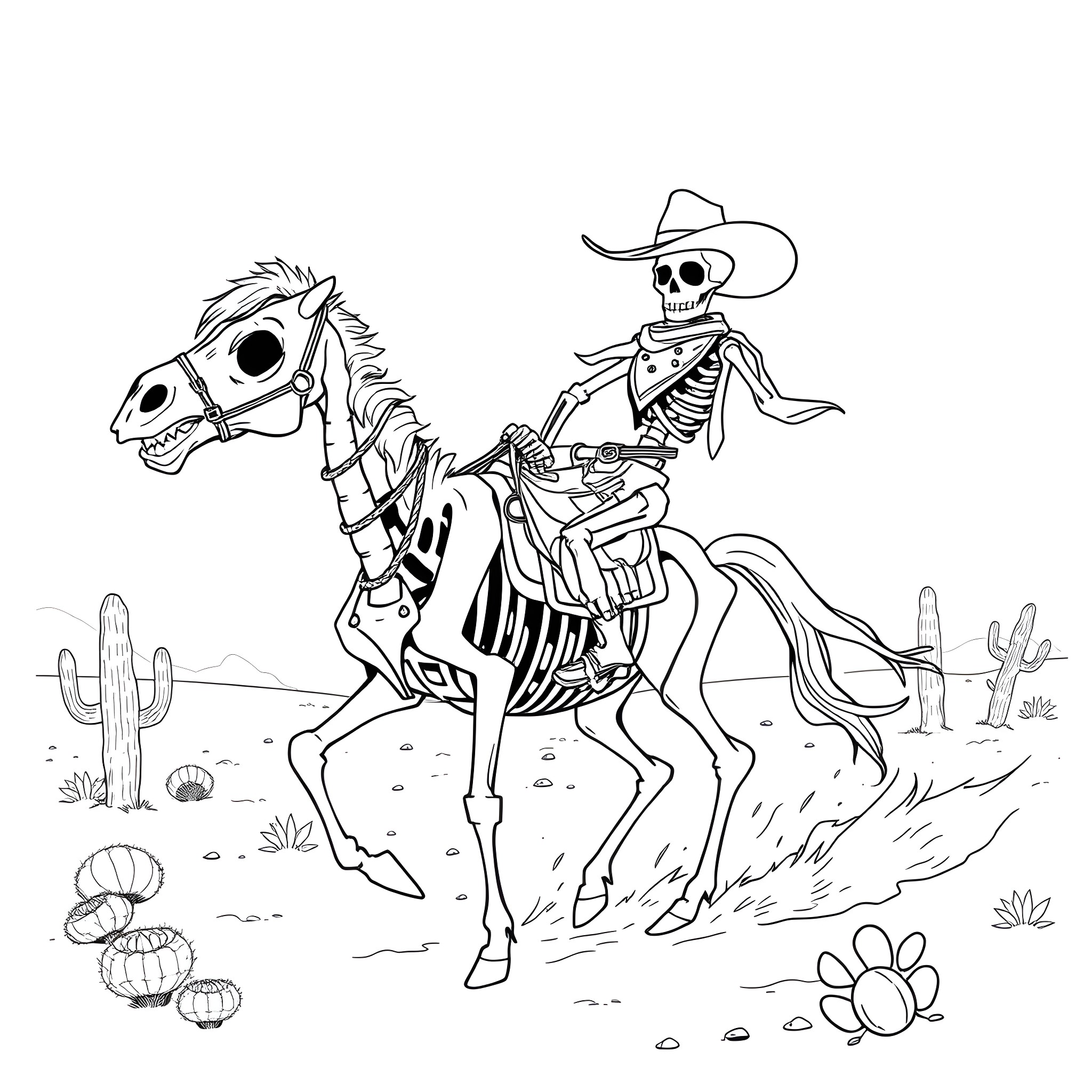 Cowboy Skeleton Riding a Skeletal Horse in Desert Landscape Coloring Page (free black-and-white line drawing printable PDF for all, from beginners to advanced learners, including children, teens, adults, and seniors)