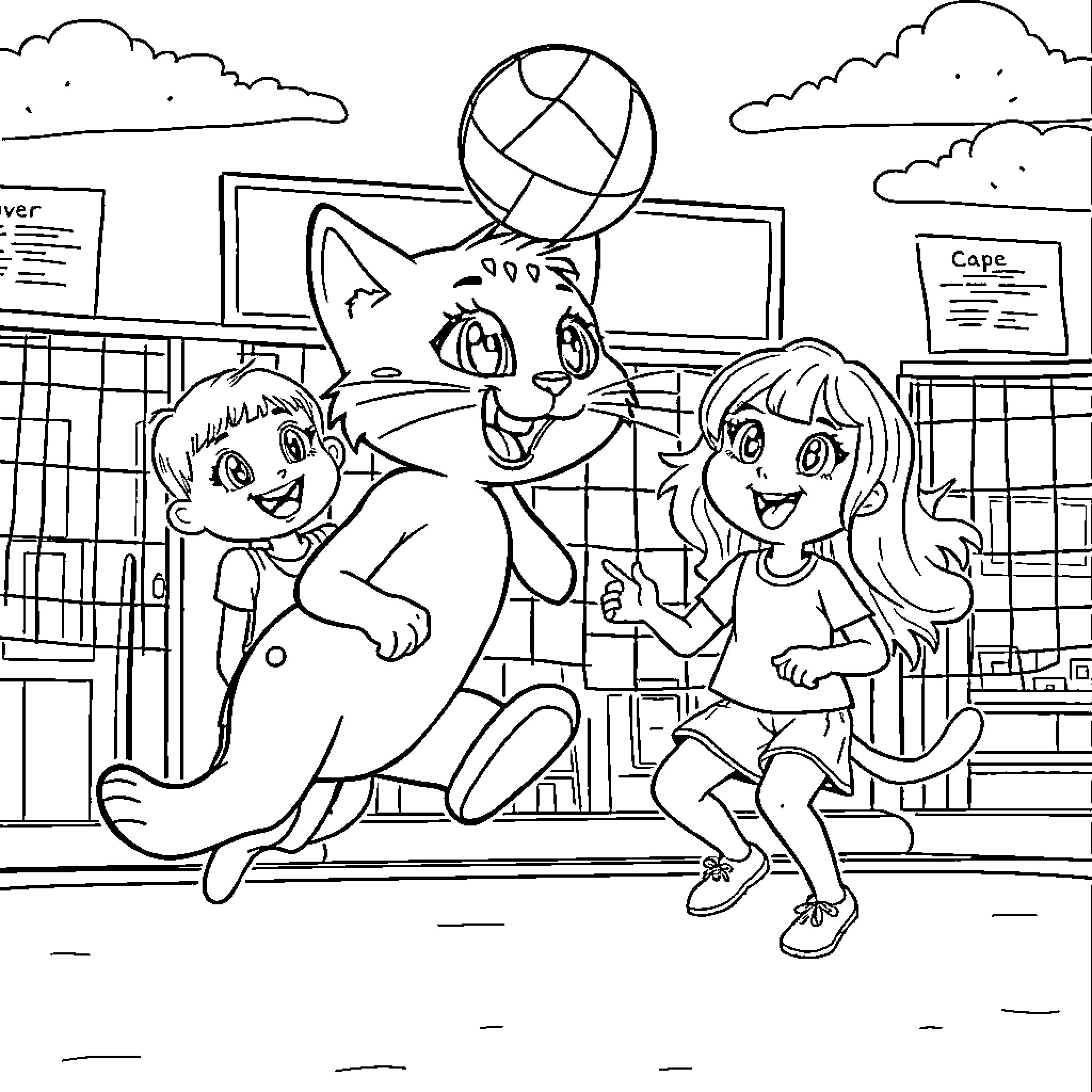 Gabby Cat playing with children in school Coloring Page (free black-and-white line drawing printable PDF for all, from beginners to advanced learners, including children, teens, adults, and seniors)
