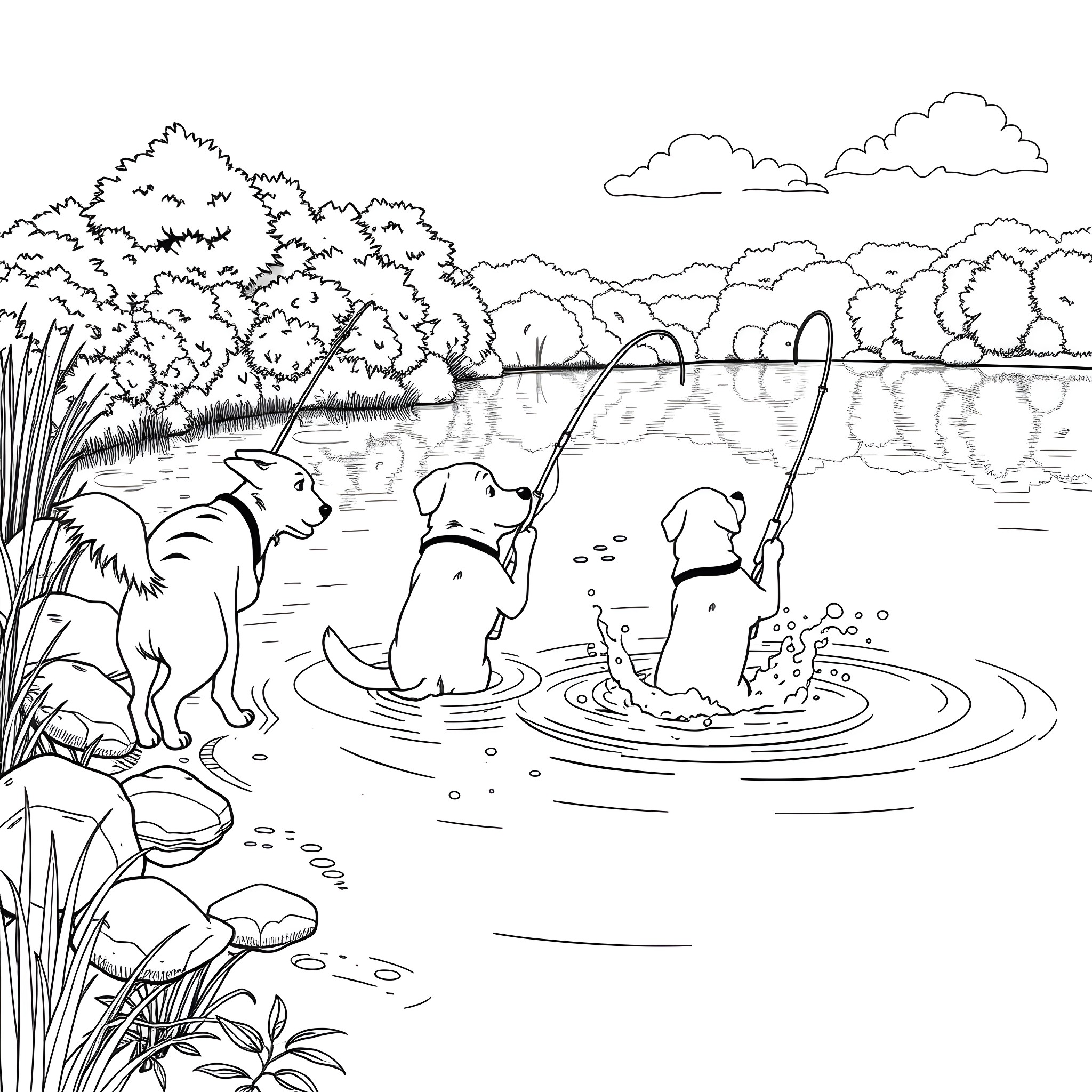 Dogs Playing Joyfully in the Lakeside Outdoors Coloring Page (free black-and-white line drawing printable PDF for all, from beginners to advanced learners, including children, teens, adults, and seniors)