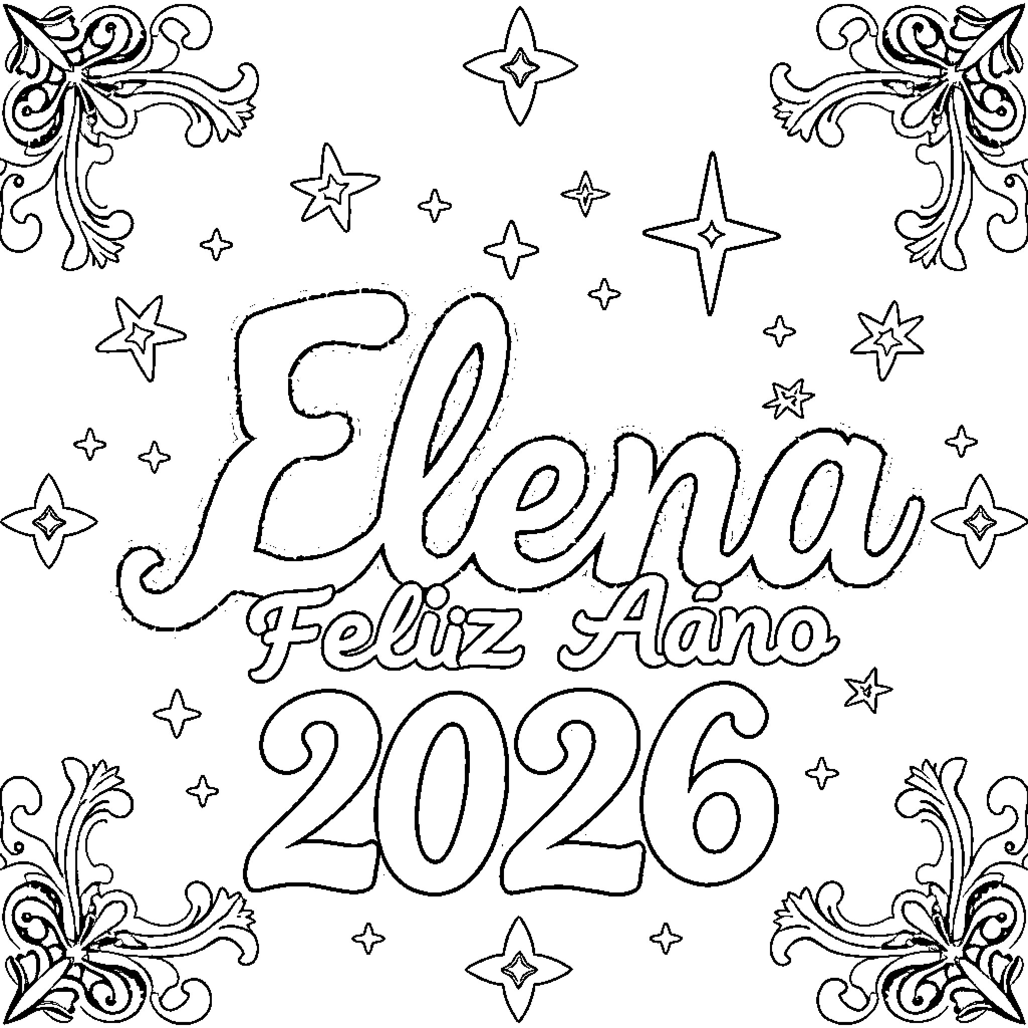 Name the Decorative Text with Stars Coloring Page (free black-and-white line drawing printable PDF for all, from beginners to advanced learners, including children, teens, adults, and seniors)