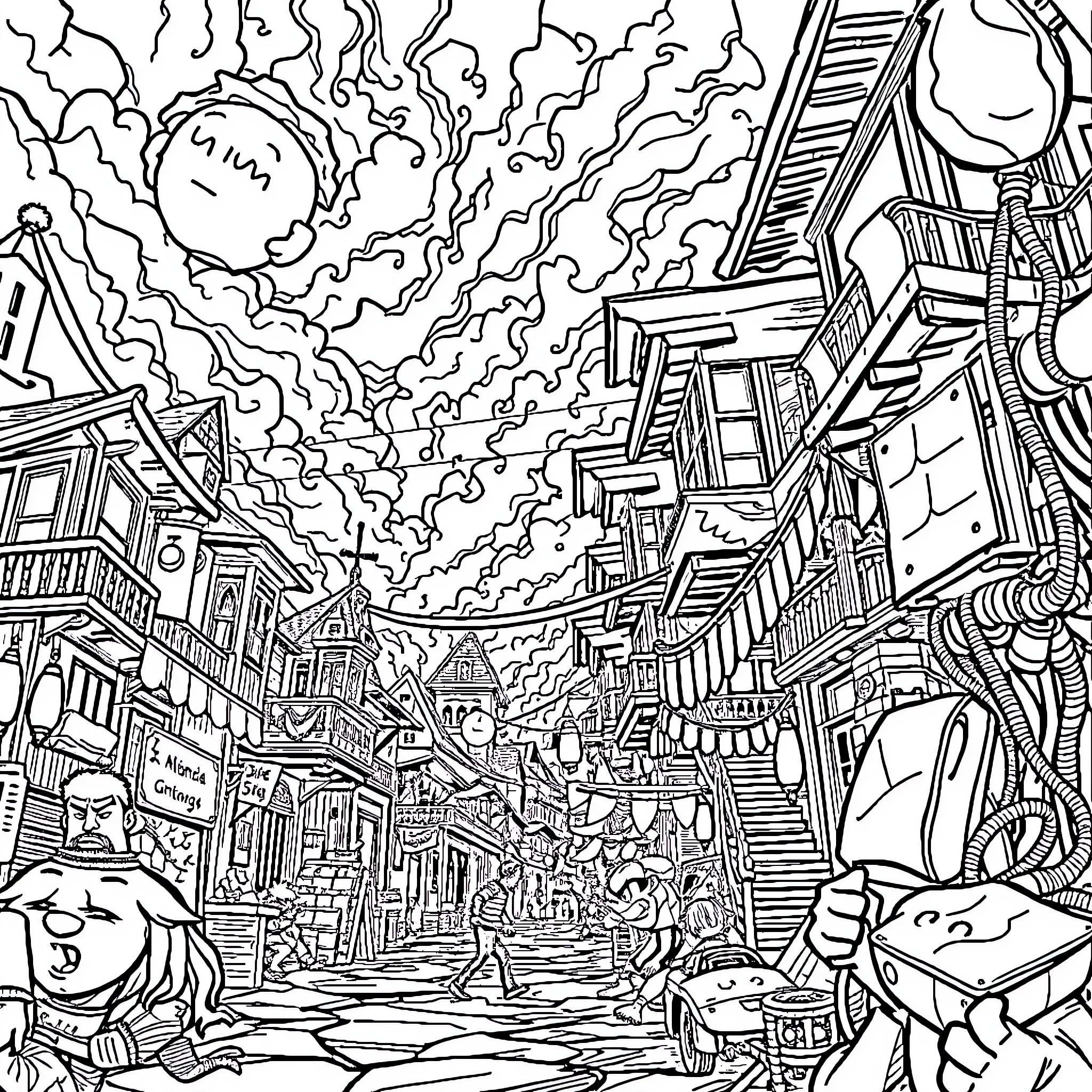 Manga Bustling Urban Scene with Towering Buildings Coloring Page (free black-and-white line drawing printable PDF for all, from beginners to advanced learners, including children, teens, adults, and seniors)