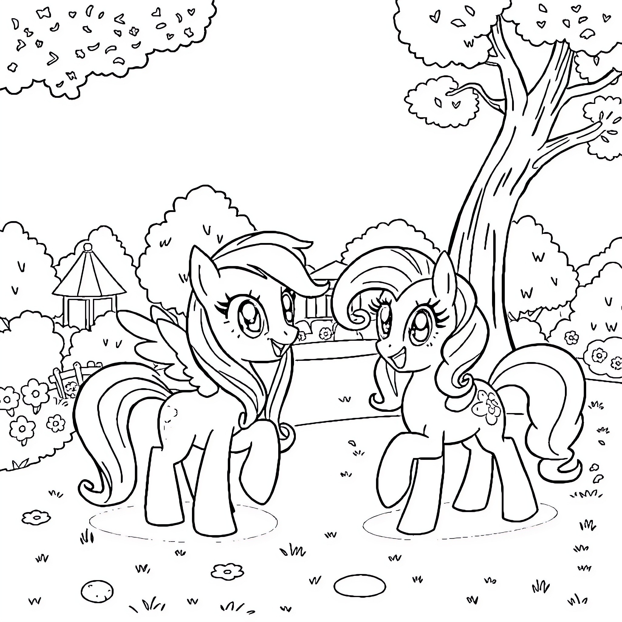 Pony friends enjoying a picnic in the park Coloring Page (free black-and-white line drawing printable PDF for all, from beginners to advanced learners, including children, teens, adults, and seniors)