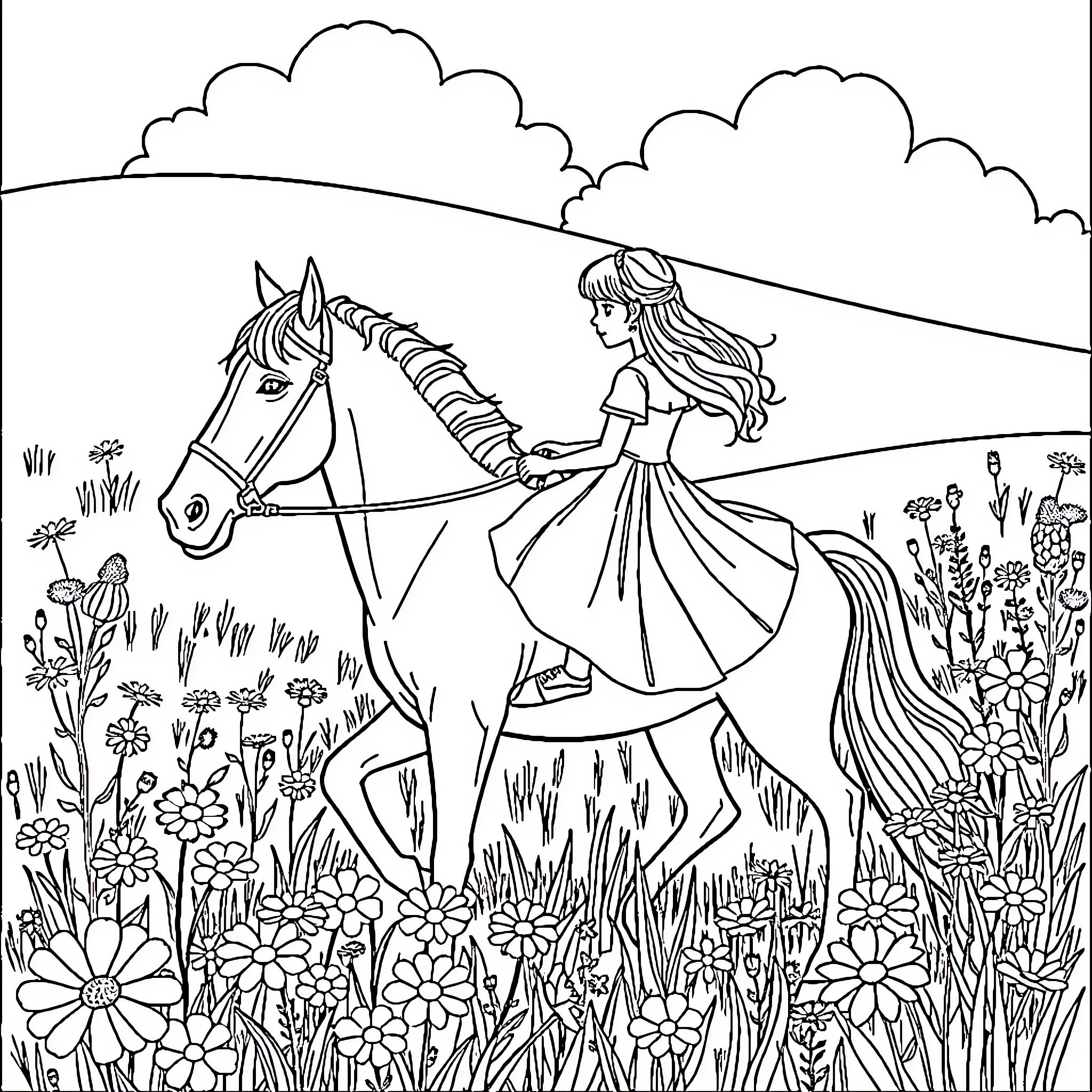 Girl riding a horse through a flower field Coloring Page (free black-and-white line drawing printable PDF for all, from beginners to advanced learners, including children, teens, adults, and seniors)