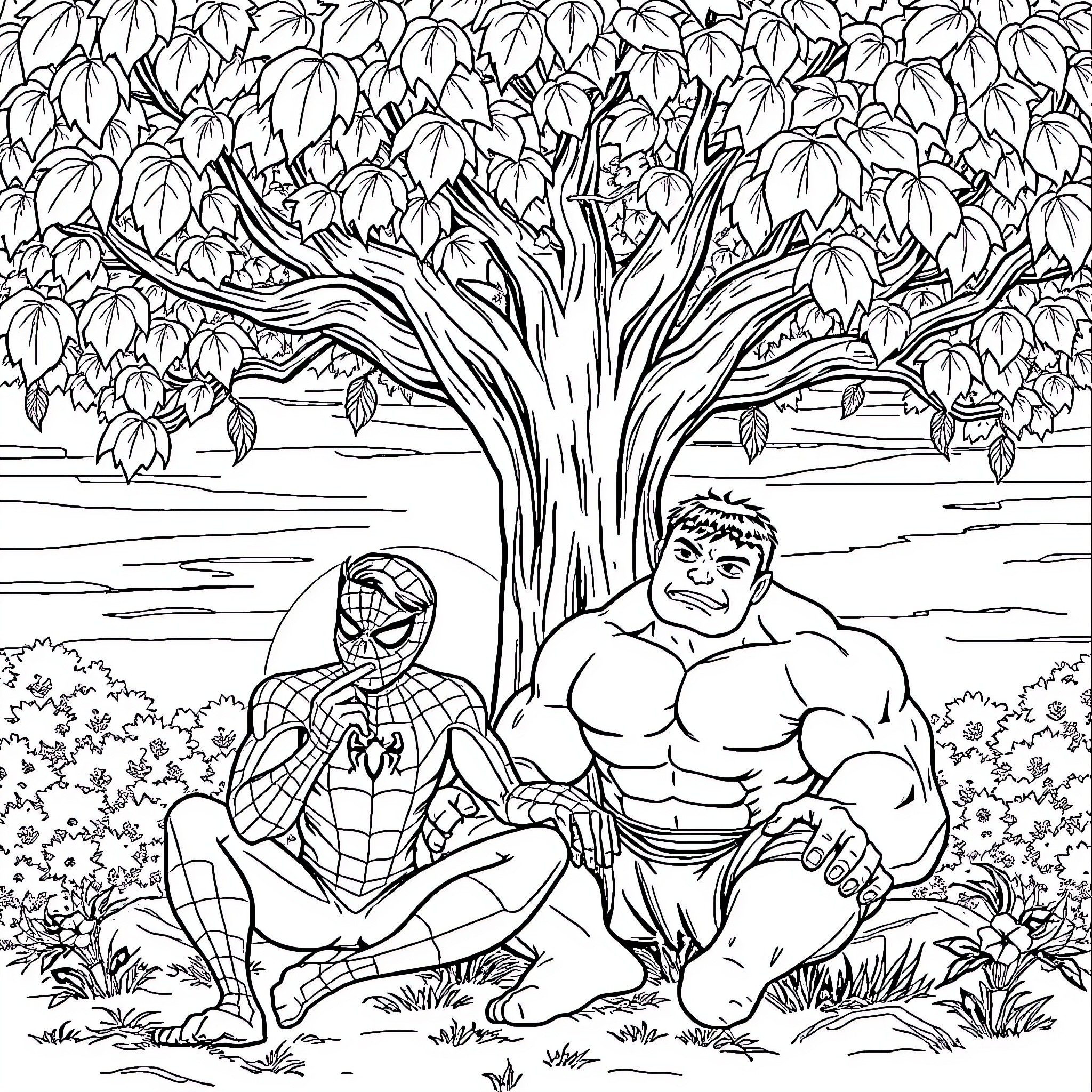 Spiderman and Hulk take a break in the park Coloring Page (free black-and-white line drawing printable PDF for all, from beginners to advanced learners, including children, teens, adults, and seniors)