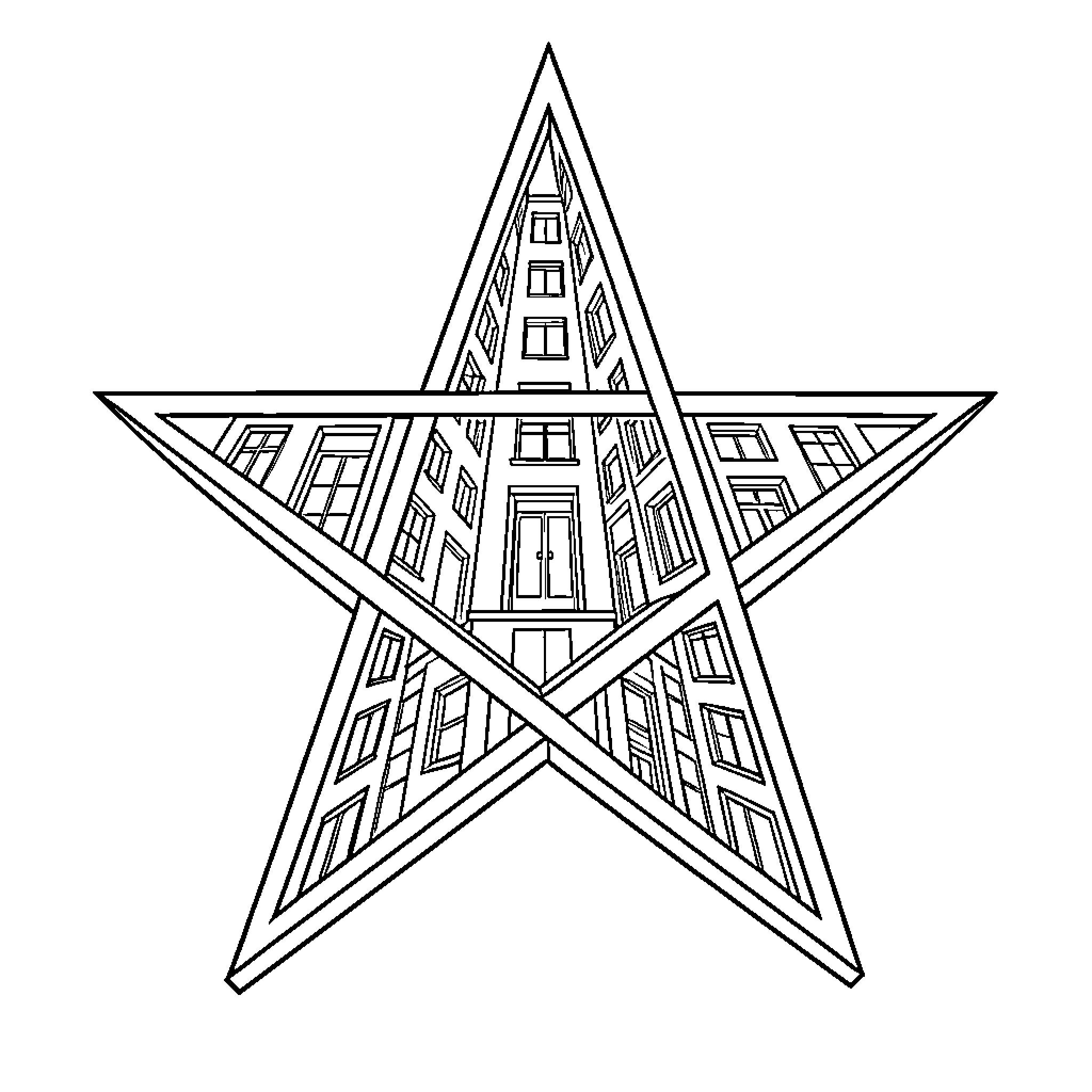 Pentagram with intricate architectural elements Coloring Page (free black-and-white line drawing printable PDF for all, from beginners to advanced learners, including children, teens, adults, and seniors)