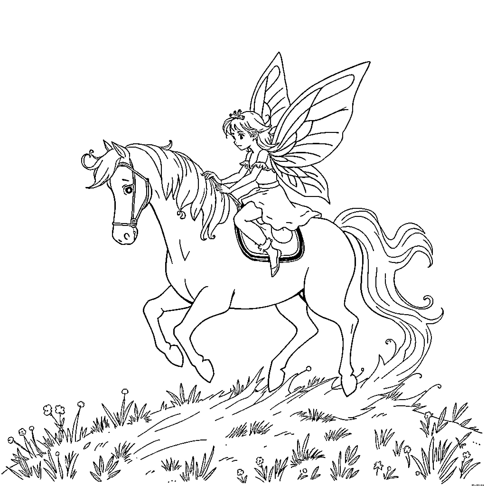 Fae Riding Majestic Unicorn Through Enchanted Meadow Coloring Page (free black-and-white line drawing printable PDF for all, from beginners to advanced learners, including children, teens, adults, and seniors)